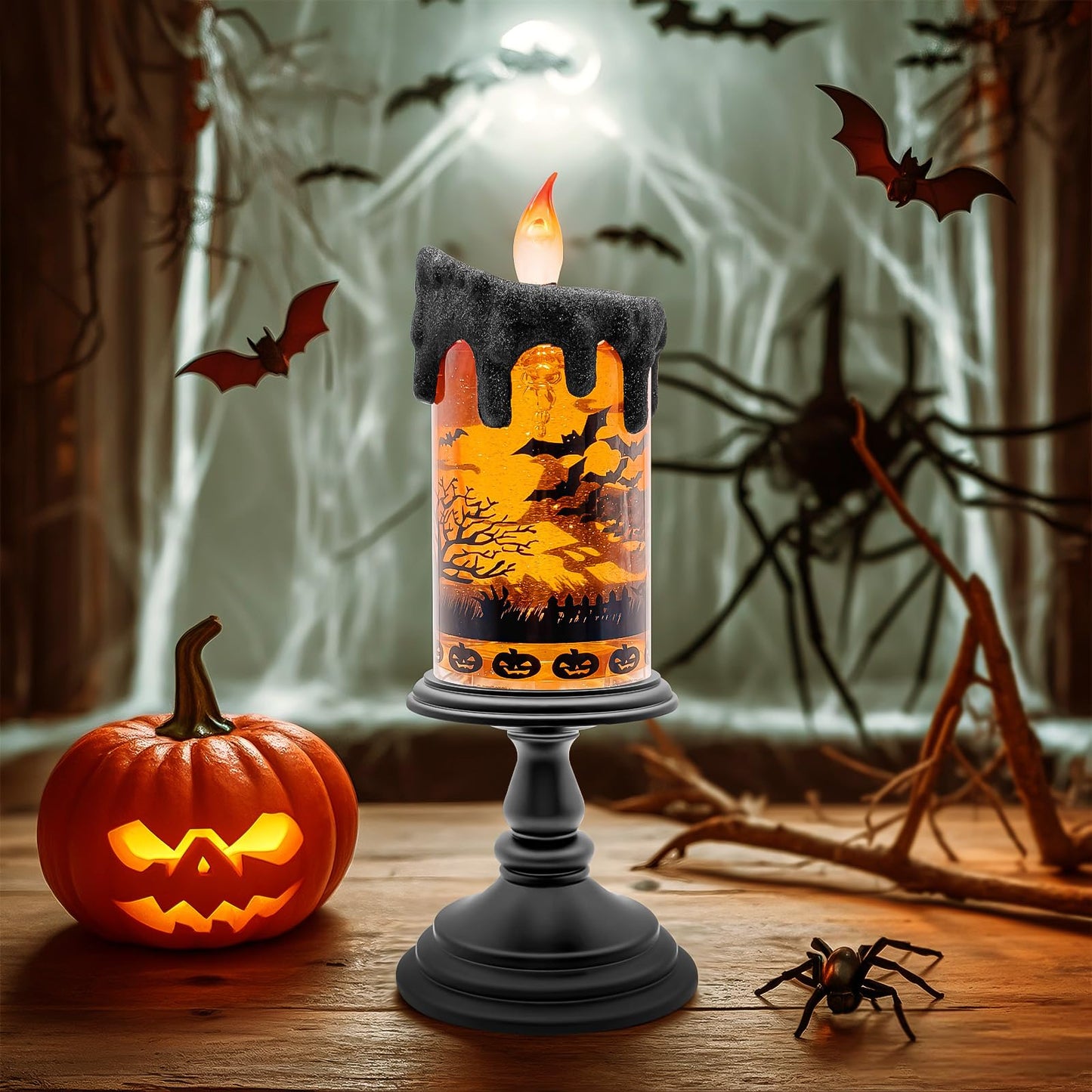 Halloween Snow Globe Flameless Candle – Lighted Halloween Glitter Lantern with Spinning Water and Timer, Pumpkin & Bat Scene Halloween Decor for Home, Party, Table Centerpiece