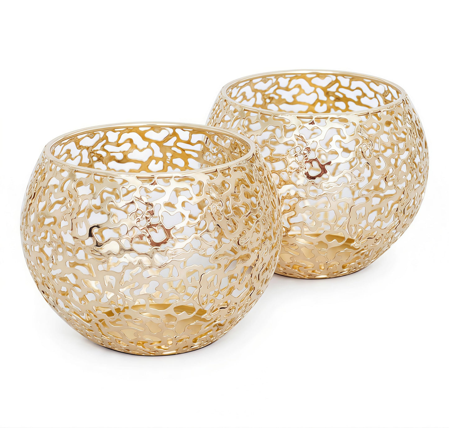 Metal Cut-Out Tealight Candle Holders Set of 2 – Geometric Lanterns for Table Centerpiece & Bathroom Spa – Shatterproof Holiday Decor, Winter Wedding (Gold*2)