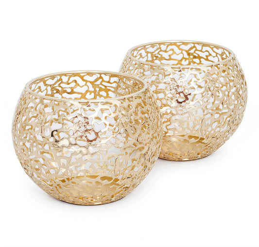 Metal Cut-Out Tealight Candle Holders Set of 2 – Geometric Lanterns for Table Centerpiece & Bathroom Spa – Shatterproof Holiday Decor, Winter Wedding (Gold*2)