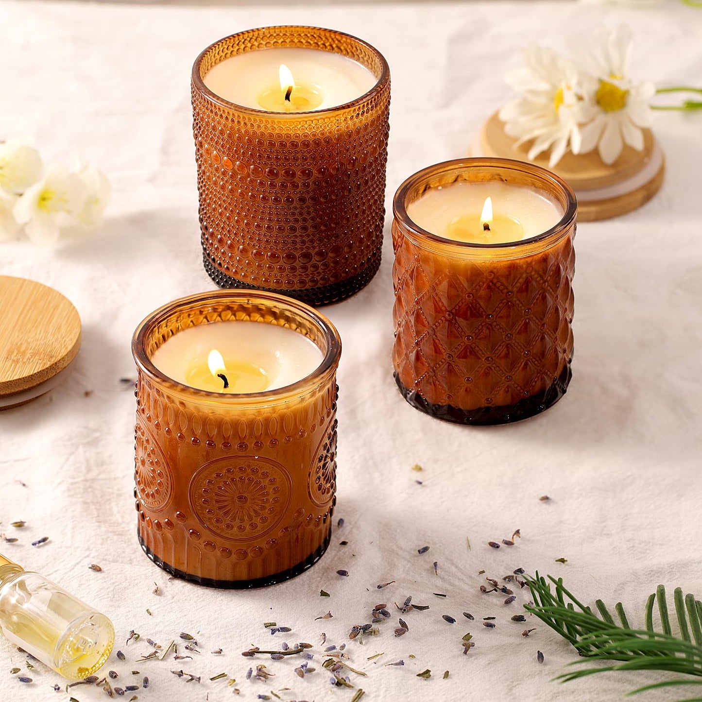 DARJEN 12 Pack Amber Candle Jars for Making Candles- 3 Styles Glass Candle Making Jars Bulk with Bamboo Lids and Labels, Candle Making Supplies Candle Vessels for Home Decor
