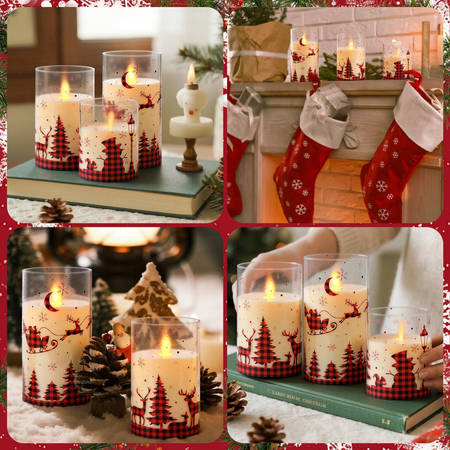 Blosssound 3 Pack Buffalo Plaid Christmas Flameless Candles Battery Operated Xmas Red Glass Flameless Flickering Candles LED for Home Fireplace Winter Holiday Table Decorations Christmas Gifts
