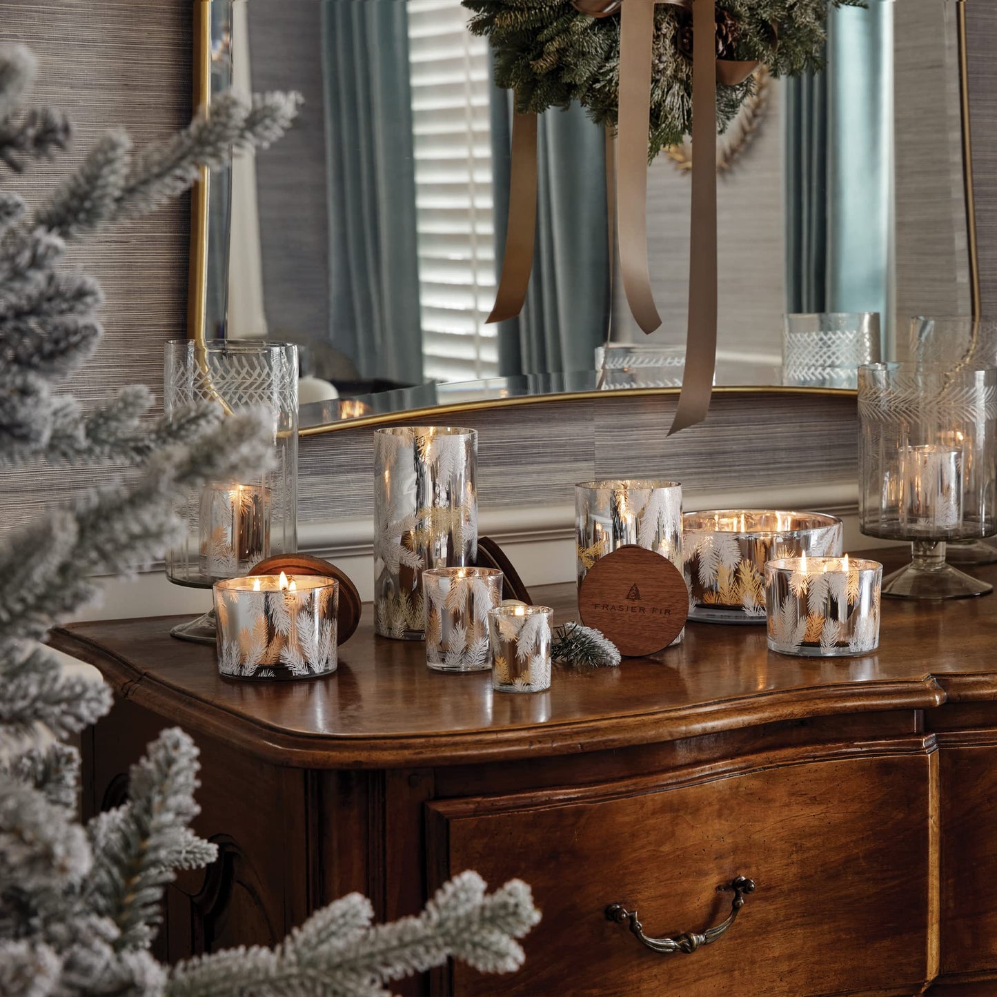 Thymes Frasier Fir Candle – Pine Needle Design – Holiday Scented Candle – Notes of Crisp Siberian Fir, Cedarwood & Sandalwood – Luxury Home Fragrance Gifts for Women & Men – Silver (Statement, 6.5 oz)