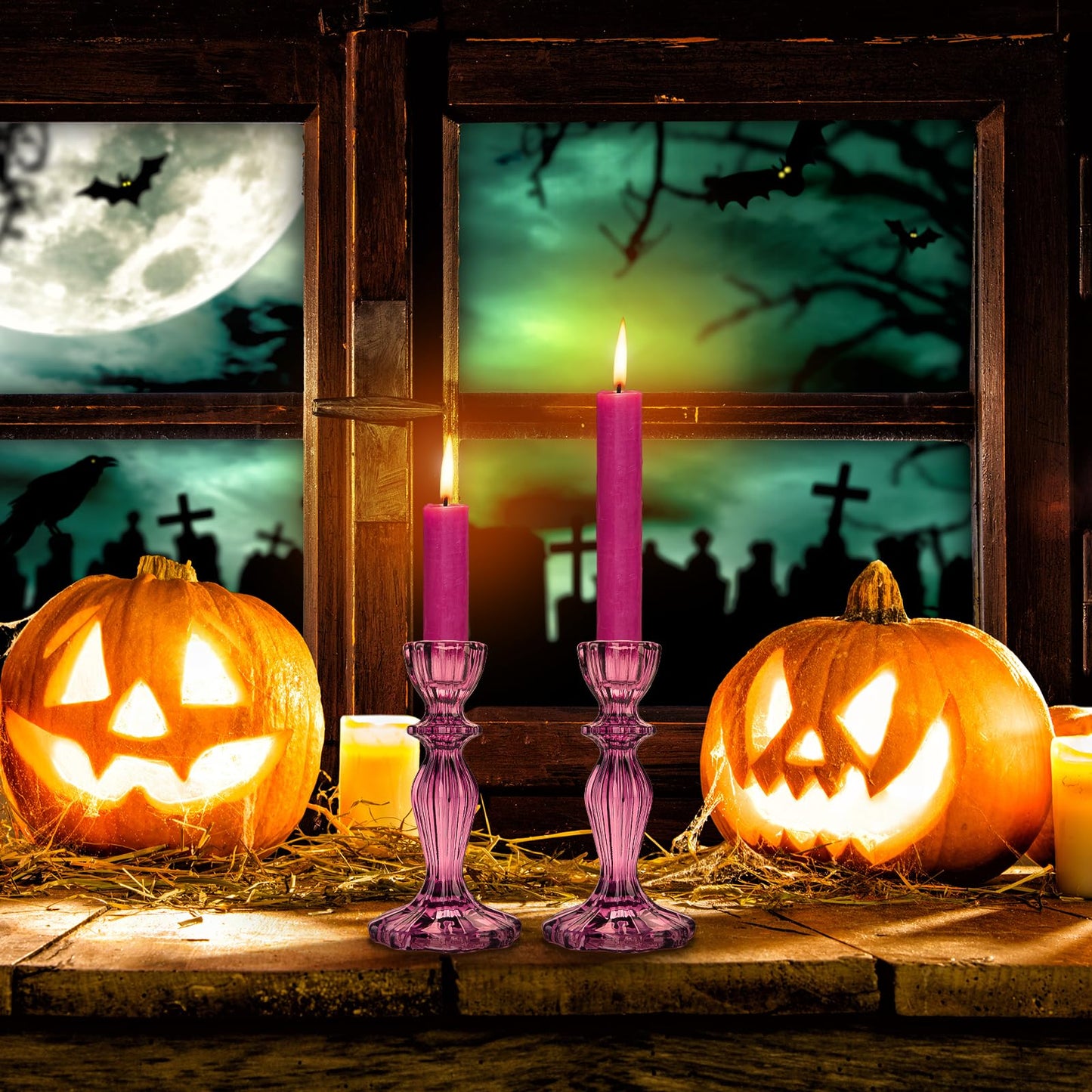 Glass Candle Holders, 2PCS Wide Base Candlestick Holder Decorative Candle Stand Table Centerpieces for Halloween Christmas Wedding Birthday Party, Dark Purple