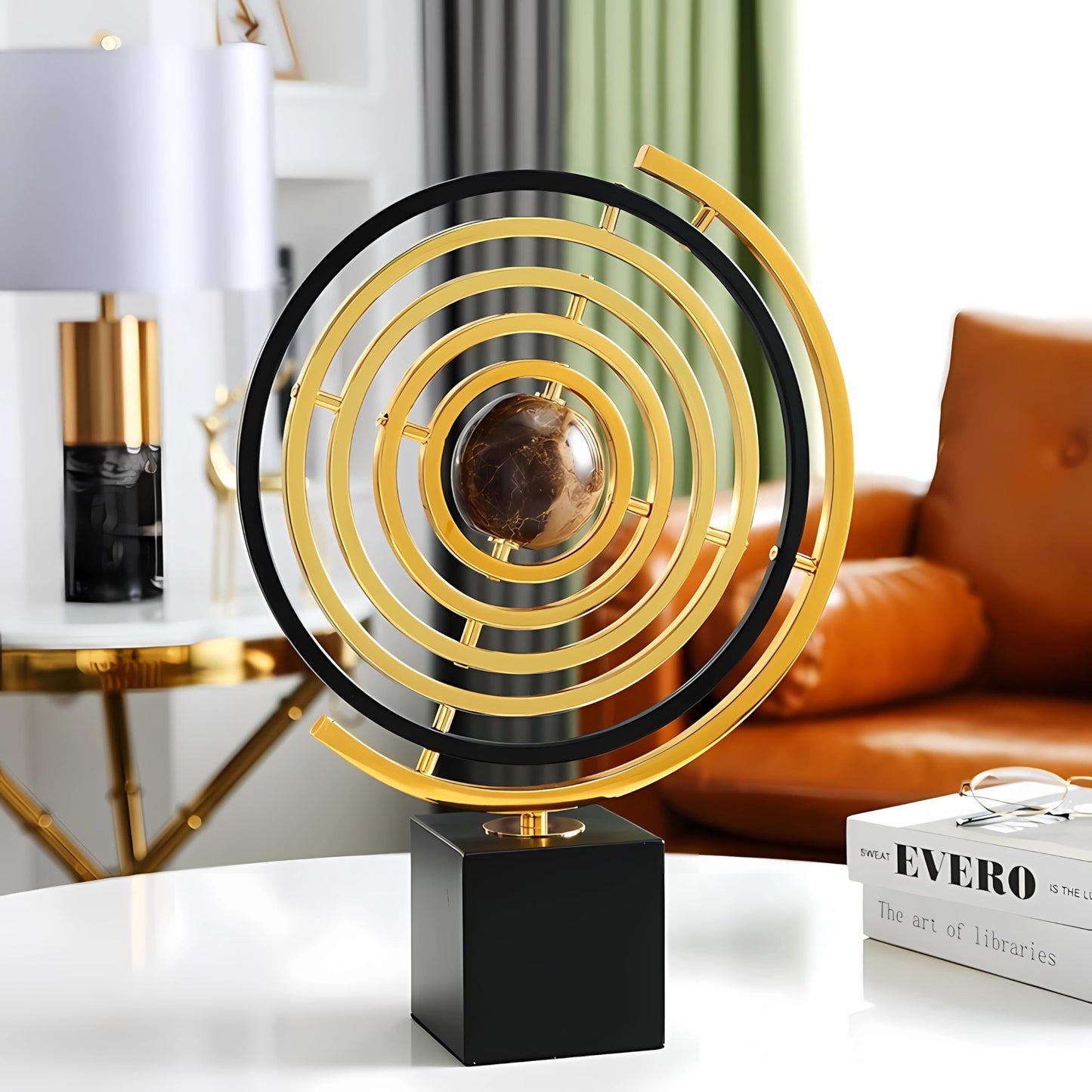 BG-DRGNING Gold Globe Abstract Art Decor, Sculptures with Rectangle Stands, Desk Decor - Black & Gold (XL, Globe)