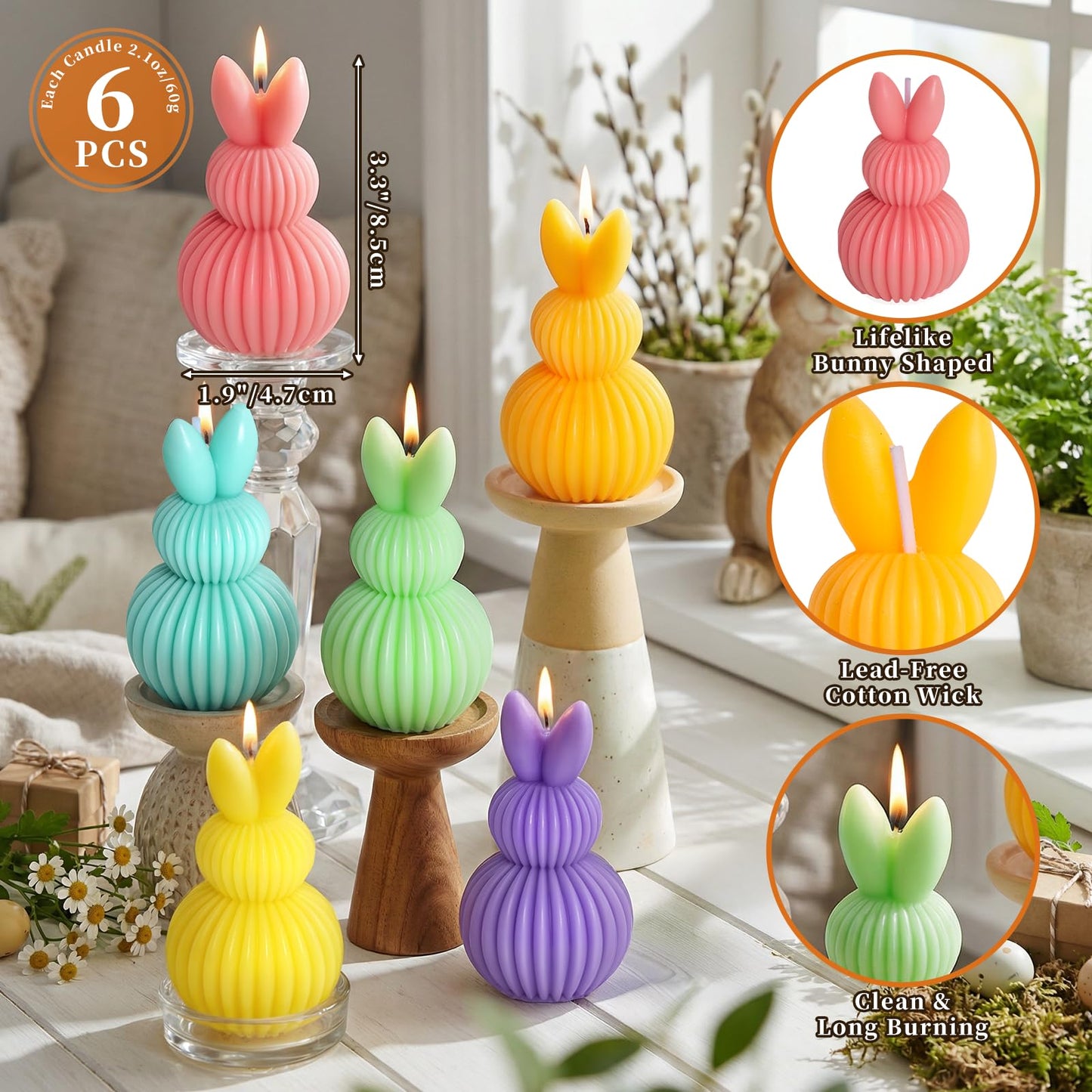 Lanpn 6 Pcs Easter Bunny Candles Gift Set, Mini Rabbit Shaped Votive Tea Lights, Easter Flower & Fruit Scented Candles, Each 2.1 oz, Spring Party Holiday Decor Home Table Centerpiece, Macaron Color