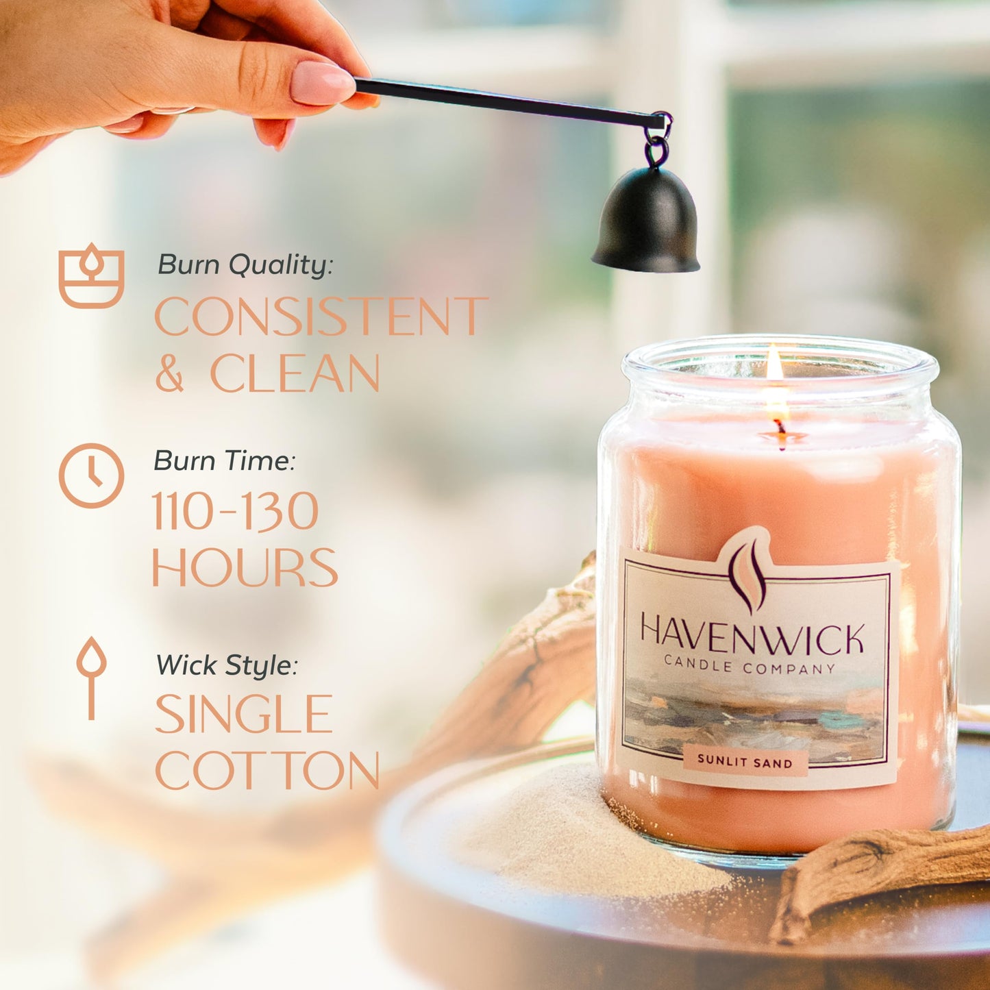 Havenwick Sunlit Sand Soy Blend 22-oz Large Jar Candle, Long Lasting 110-130 Hour Burn Time with Single Cotton Wick, Relaxing Scented Candles for New Home Gift & Housewarming Parties