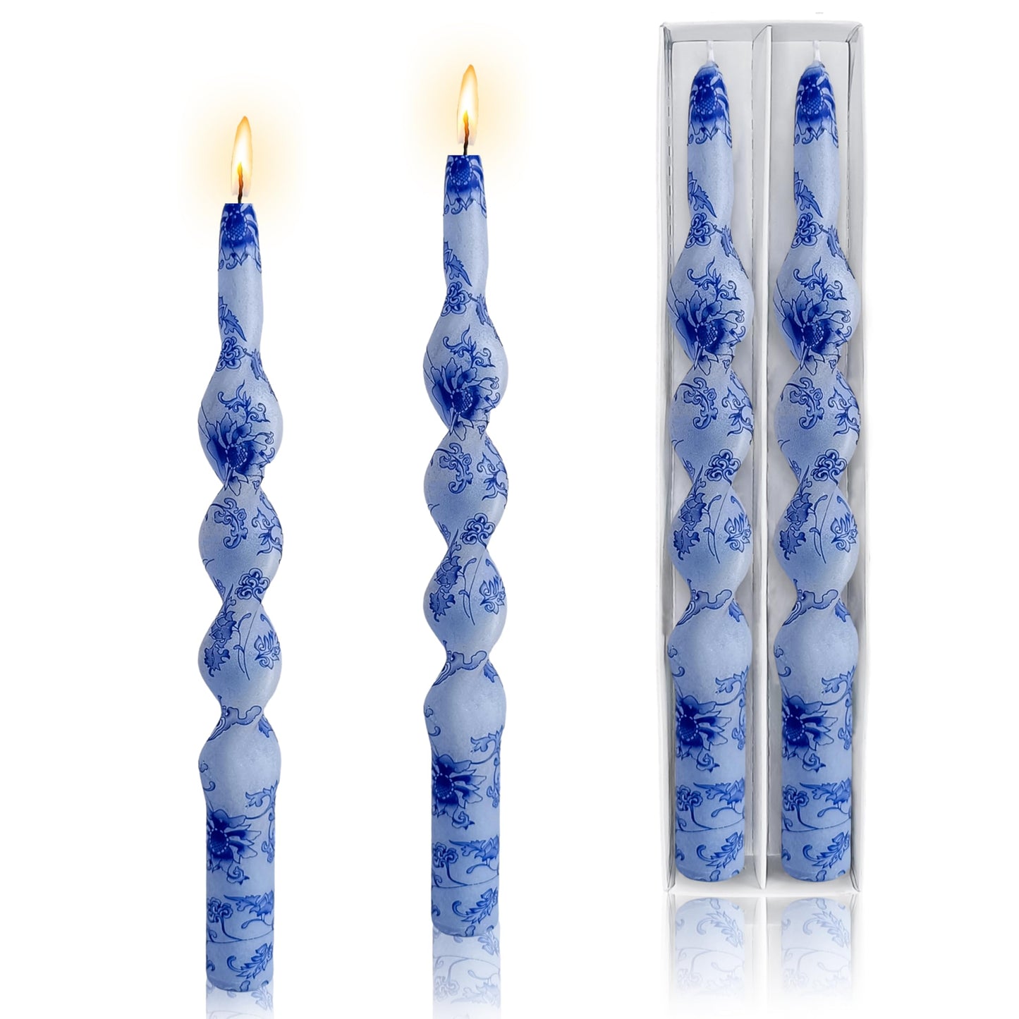 Flowers Printed Spiral Candles Unscented Blue Twisted Candlestick Smokeless Set of 2 Long Taper Candle 10 inch Twisted Candle Sticks Tapered Candles for Home Wedding Dinner Holiday Party