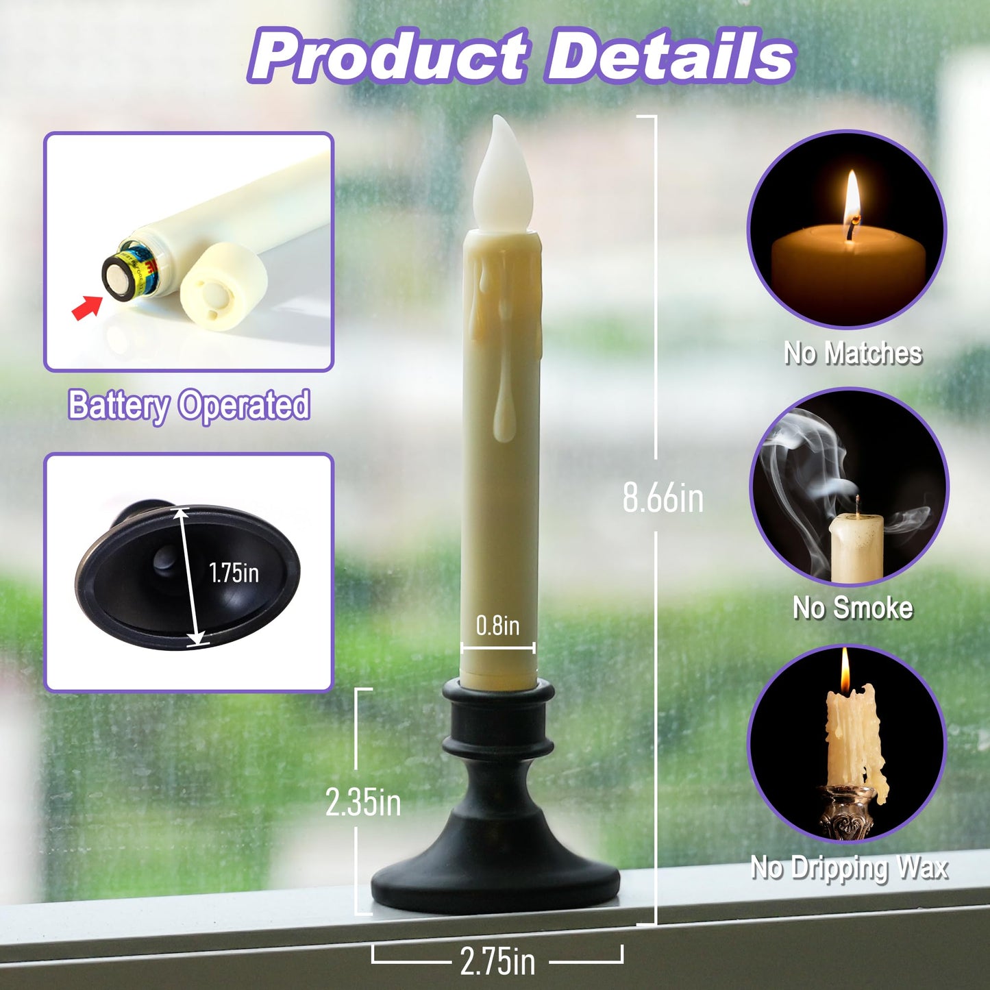 FREEPOWER Battery Operated LED Window Candles with Dusk to Dawn Sensor, Ivory Flameless Flickering Candlesticks with Suction Cups & Removable Black Base for Christmas Home Decor (6PCS)
