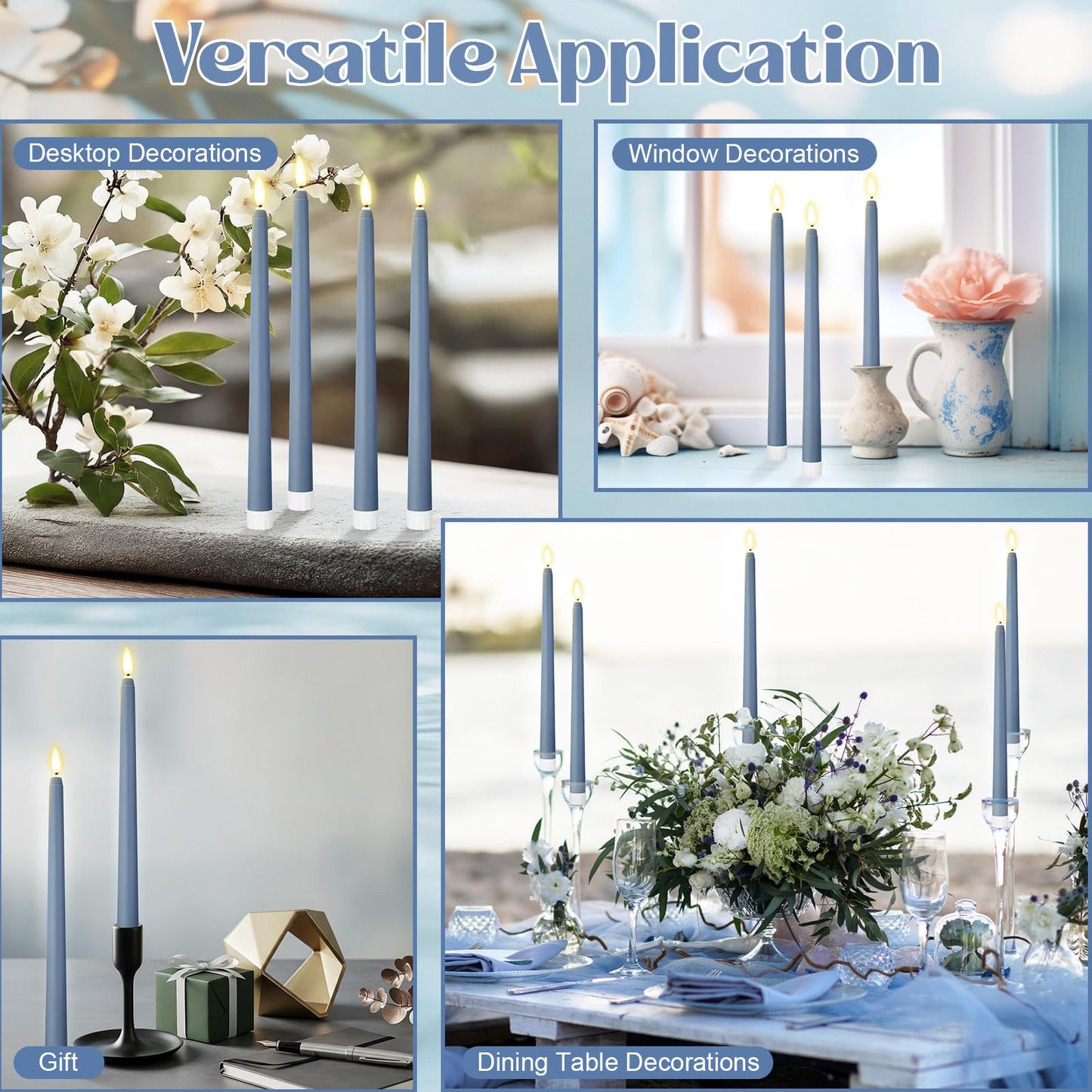 Macarrie 24 Packs Flameless Taper Candles Battery Operated Fake 11 Inch Long Candlelight LED Flameless Candlesticks Flickering Tapered for Spring Summer Wedding(Haze Blue)