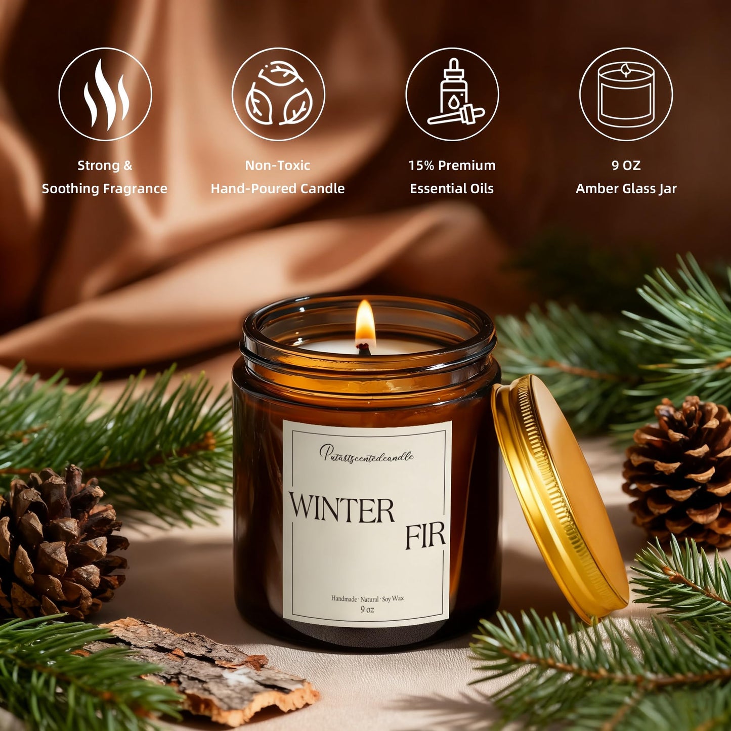 Putart Fir Scented Candles for Home, Natural Soy Wax Aromatherapy Non Toxic Winter Fir Candle Gifts for Women Men, Home Fragrance Decoration Glass Jar Candle for Meditation and Relaxation (9oz)
