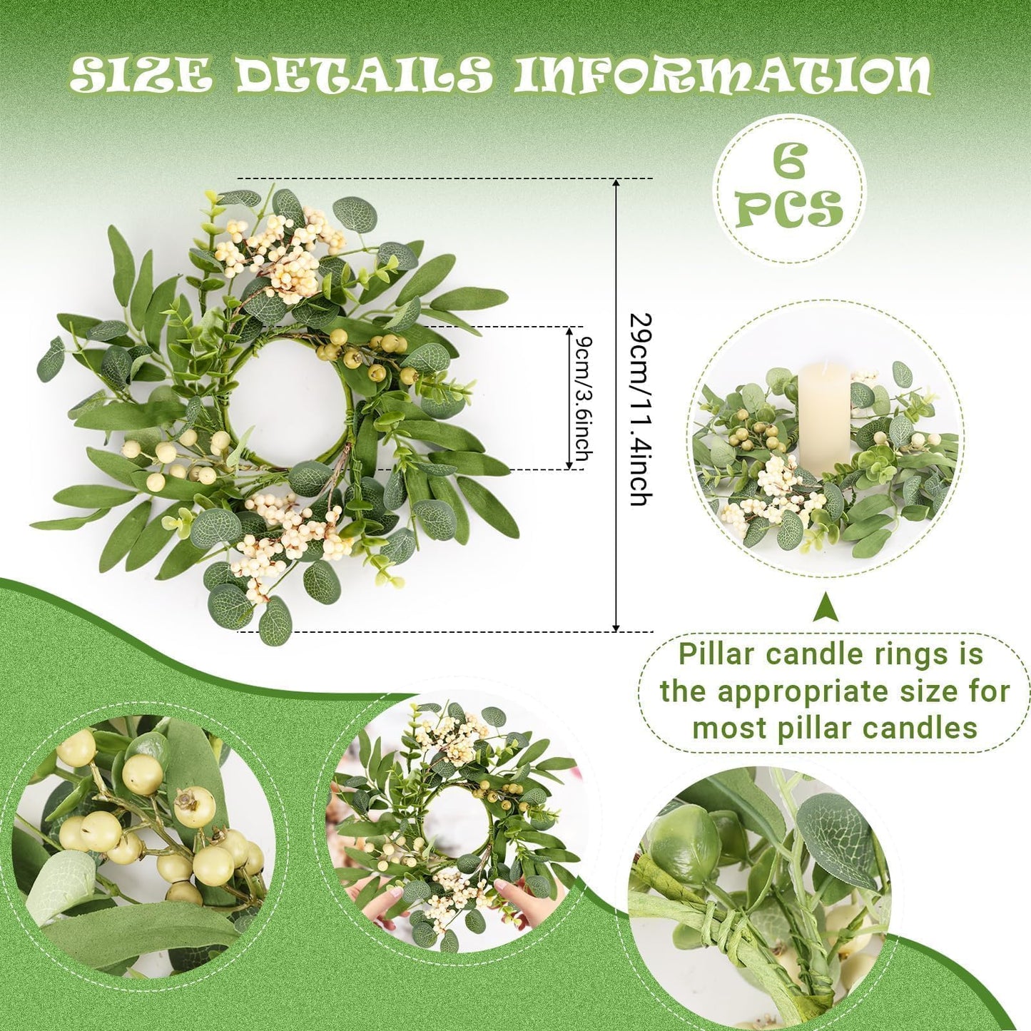 6 Pcs Green Eucalyptus Candle Rings Wreaths Spring Summer Kitchen Cabinet Wreaths Mini Green Berry Leaves Candle Wreath for Pillars Farmhouse Festival Wedding Celebrations Tabletop Decoration