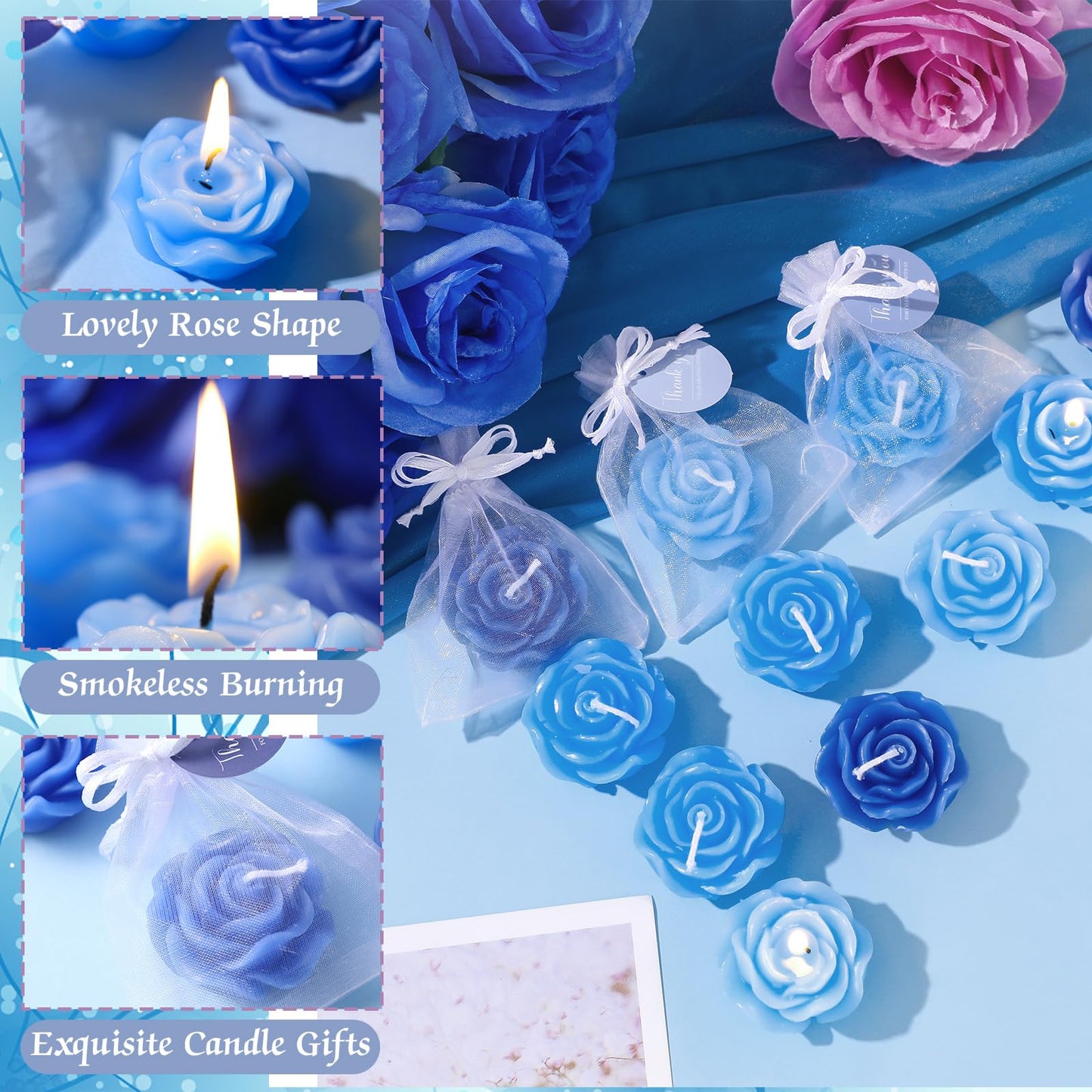 Treela 50 Set Flower Candles Wedding Favor for Guests Mini Blue Rose Shaped Tealight Candles for Return Gift Wedding Birthday Bridal Shower Housewarming Party