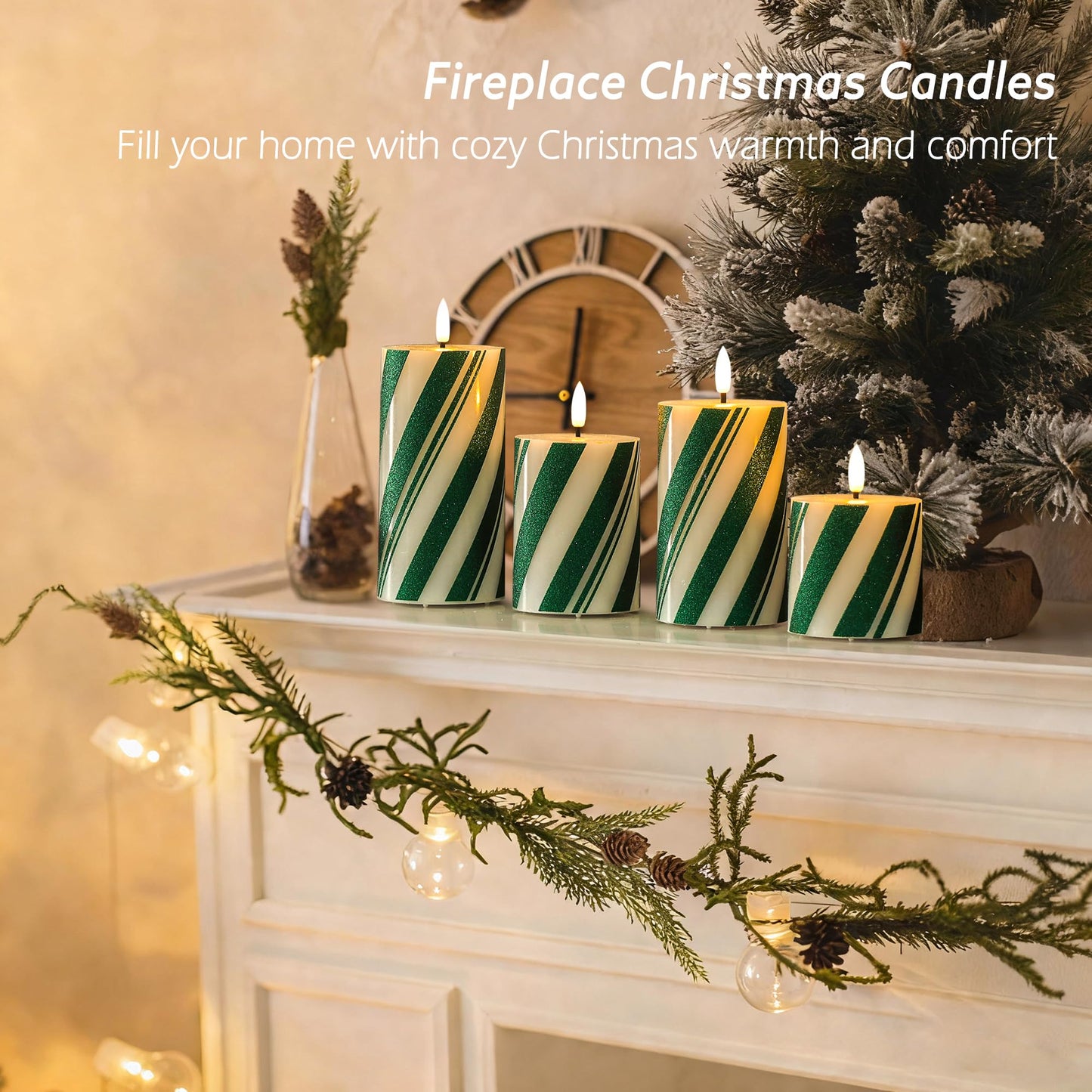 JOIONE Green Striped Flameless Pillar Candles with Remote Set of 4, Battery Operated Real Wax LED Candy Cane Candles, Perfect for Christmas Window, Dinner & Holiday Xmas Decor