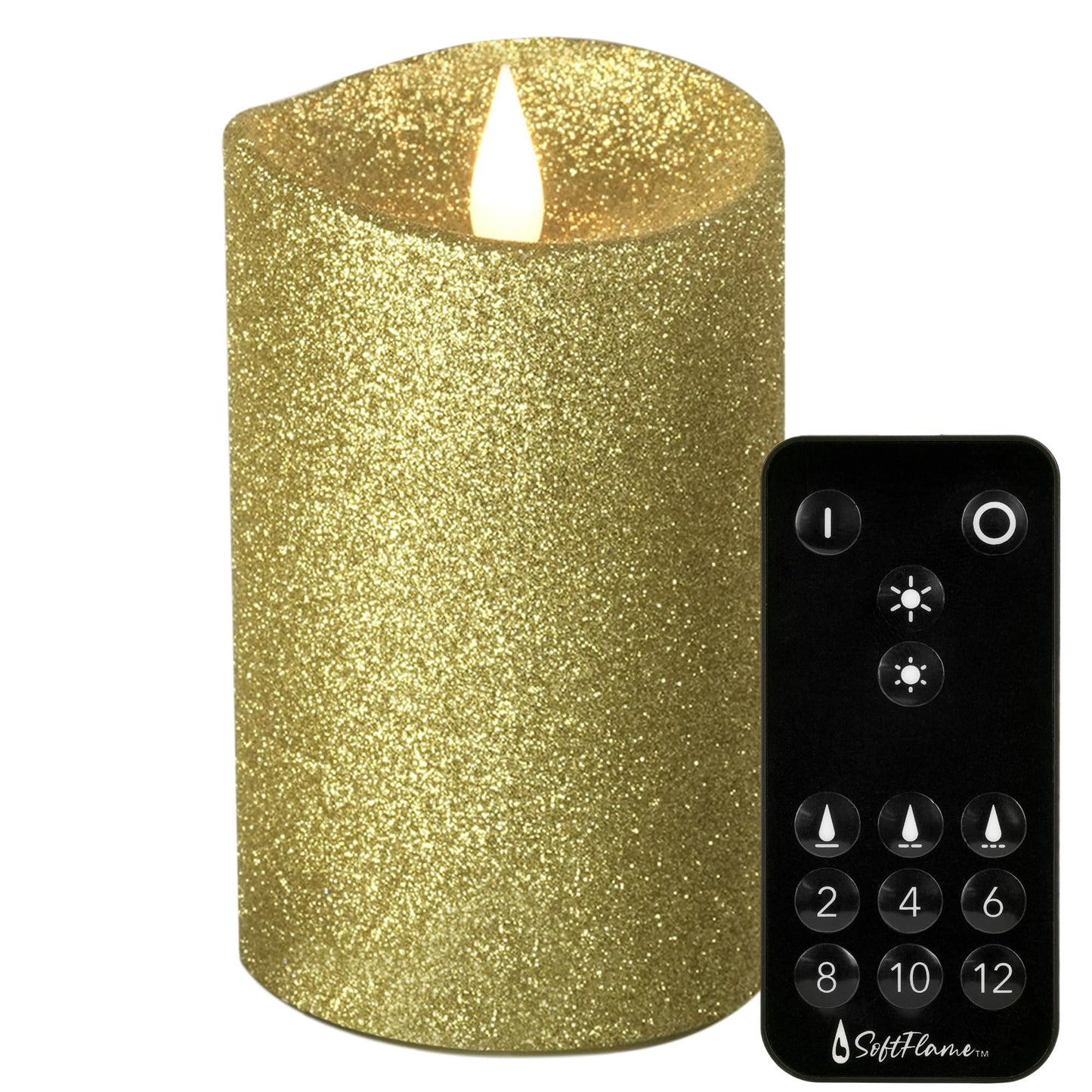 Softflame Real Wax Flameless LED Candles with Remote Control, 3"x 5"Flickering 3D Moving Flame Battery Operated Candles for Indoor Use, Home Decor Glitter Gold
