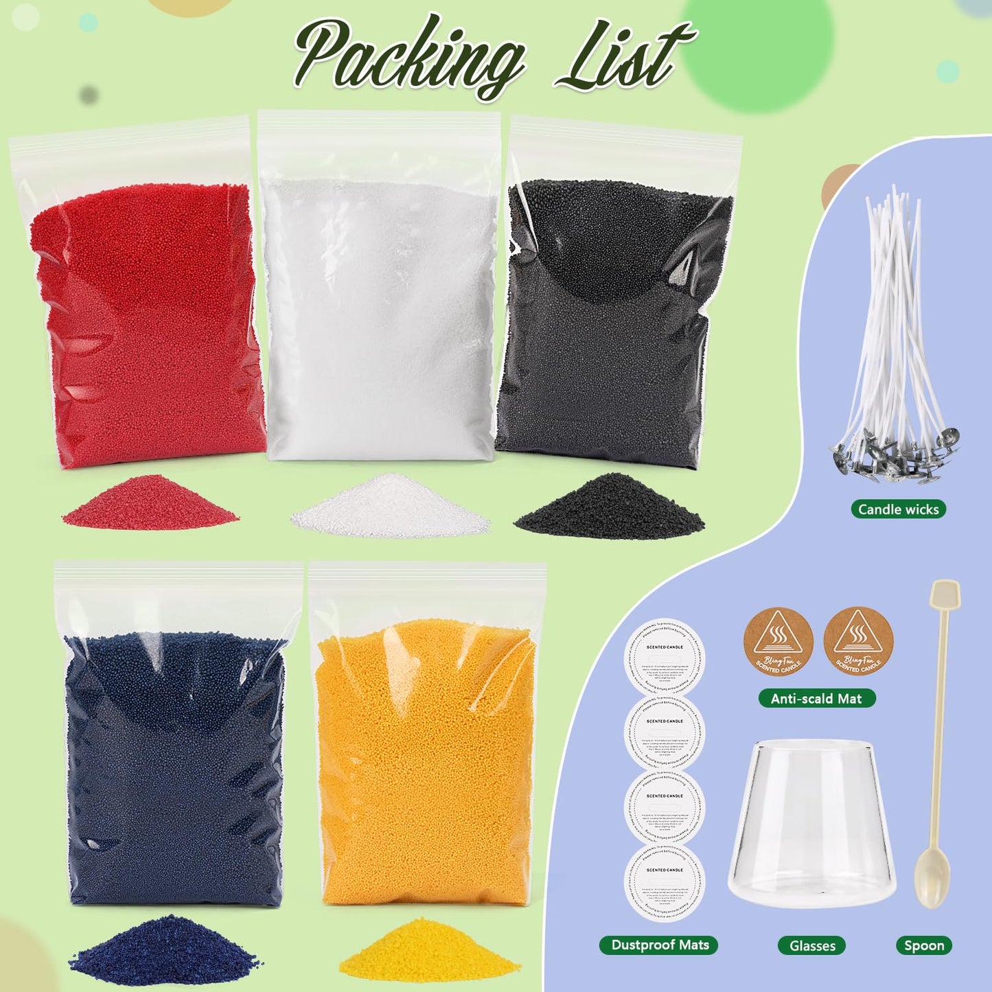 Blingfun Snow Pearled Candle with Wicks,5 Colors of DIY Candle Sand kit,with Mixing Cup, Spoond etc.Refillable for Making Pearled Wax for Halloween Thanksgiving Christmas Wedding Party-1.3LB
