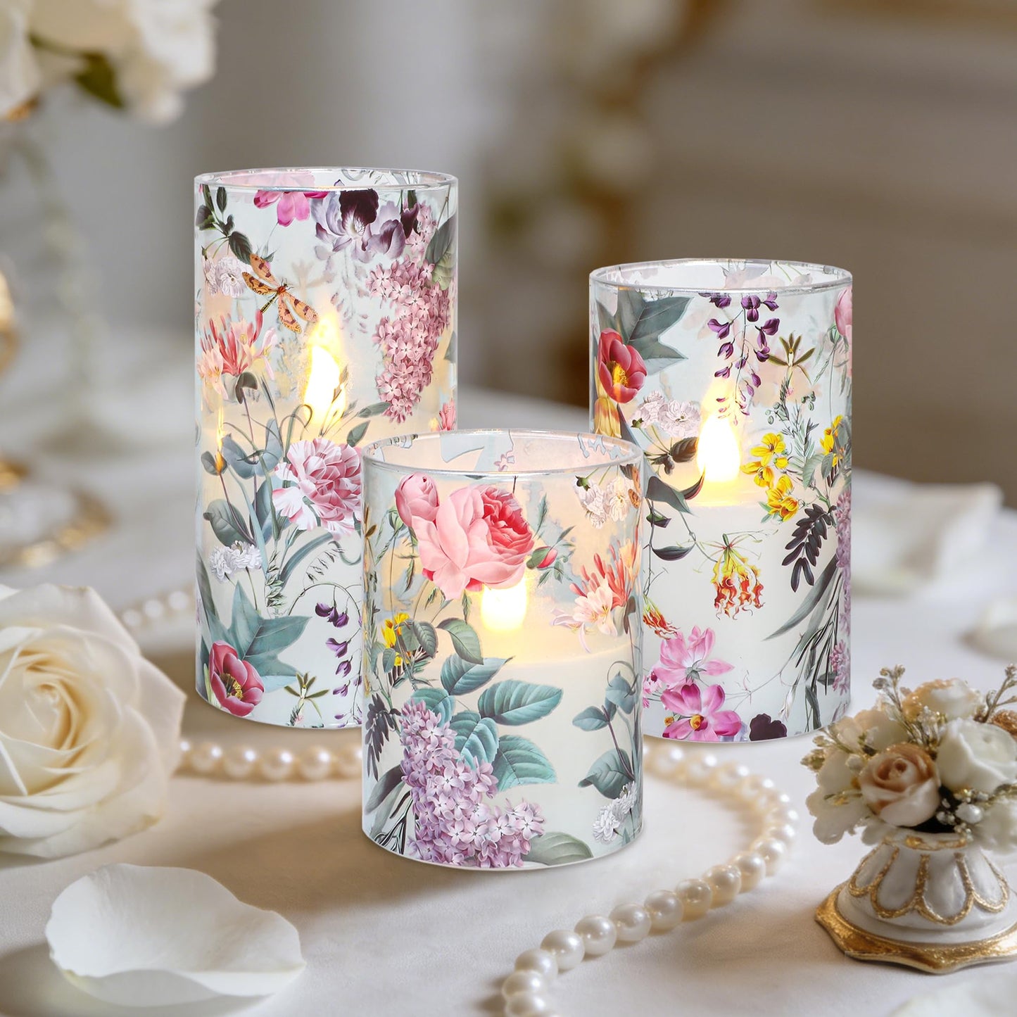 CRYSTAL CLUB Floral Glass Flameless Candles Battery Operated with Remote, Realistic LED Flickering Pillar Candle for Wedding, Home Decor