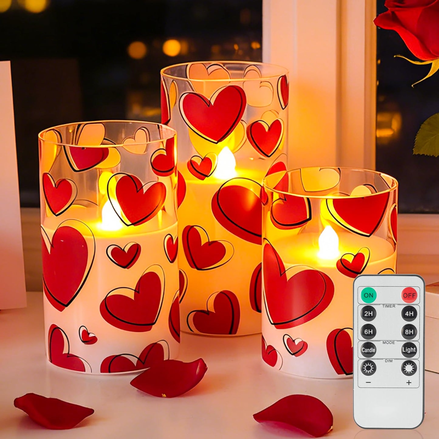 AFINETH Valentines Day Flameless Candles with Remote, Red Heart Glass Battery Operated Candles, Real Wax Flickering LED Pillar Candles for Proposal Wedding Anniversary Romantic Night, 3 Pack