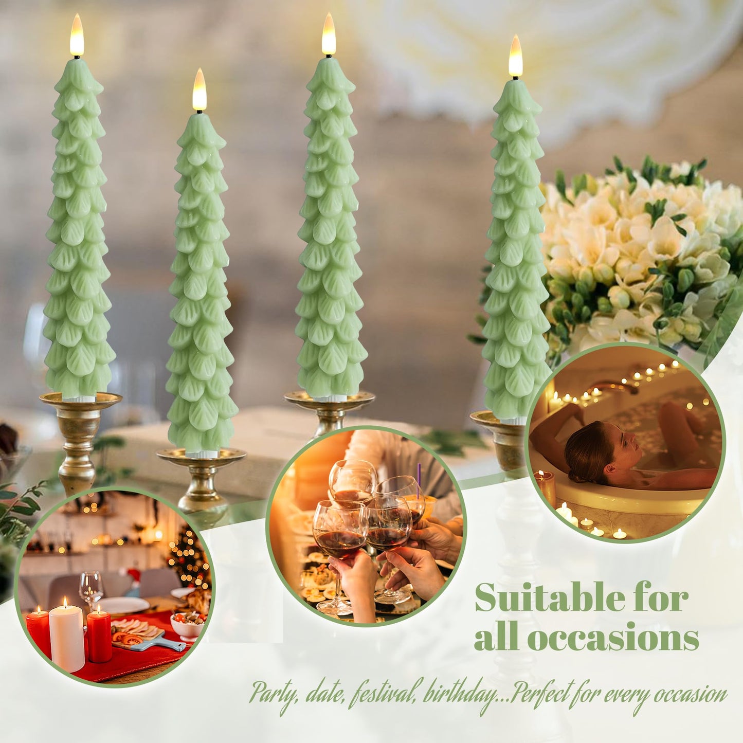 FCMSHAMD Light Green Christmas Trees Flickering Flameless Candles with Remote and Timer, Real Wax 3D Flame Wick LED Candles, 9.8 Inch Battery Operated Candles for Christmas Home Decoration，4PCS