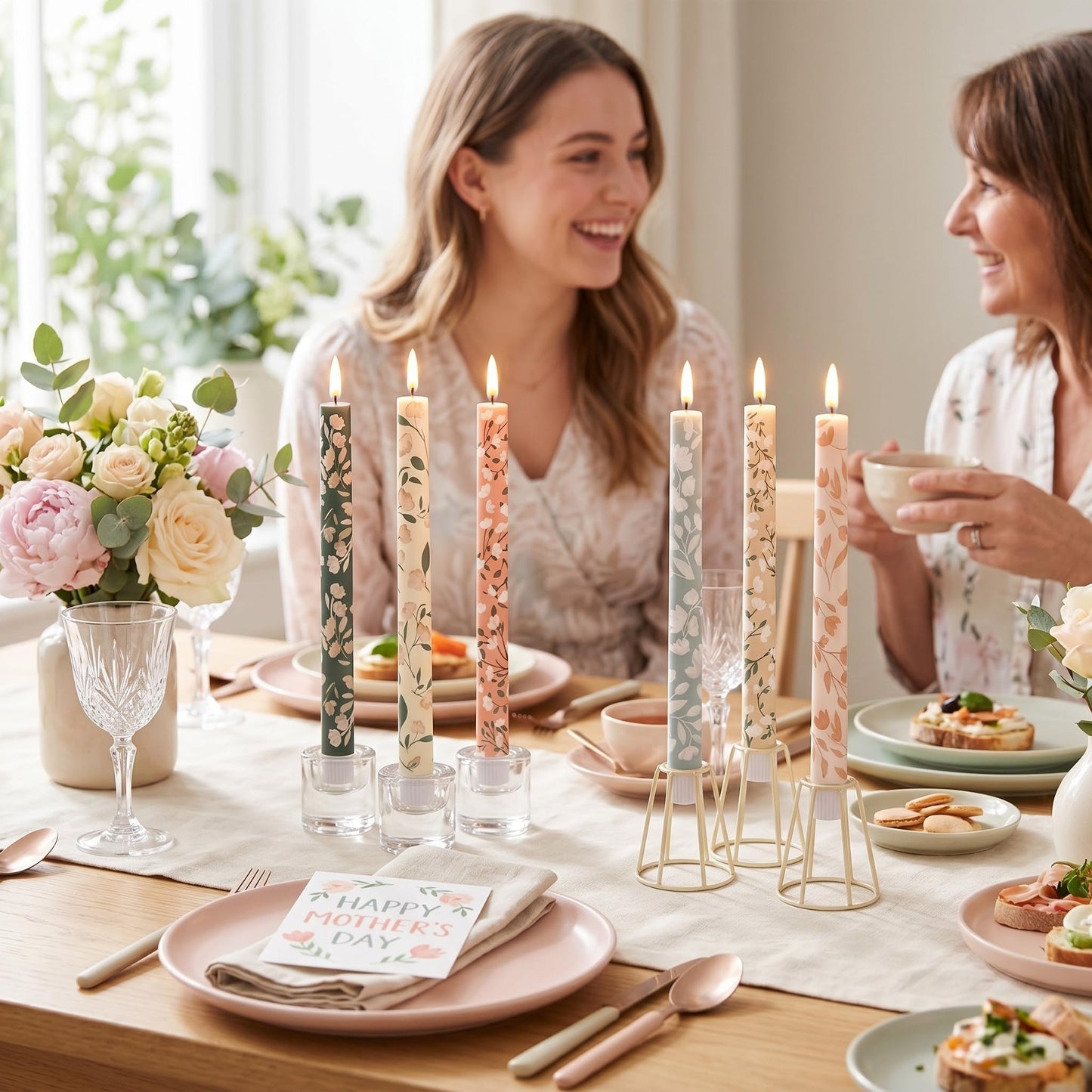 Honoson 6 Pcs Mother's Day Flameless Taper Candles 10.6 Inch Pastel Spring Flower Candles Battery Operated LED Candlesticks for Mother's Day Dinner Table Home Party Decor