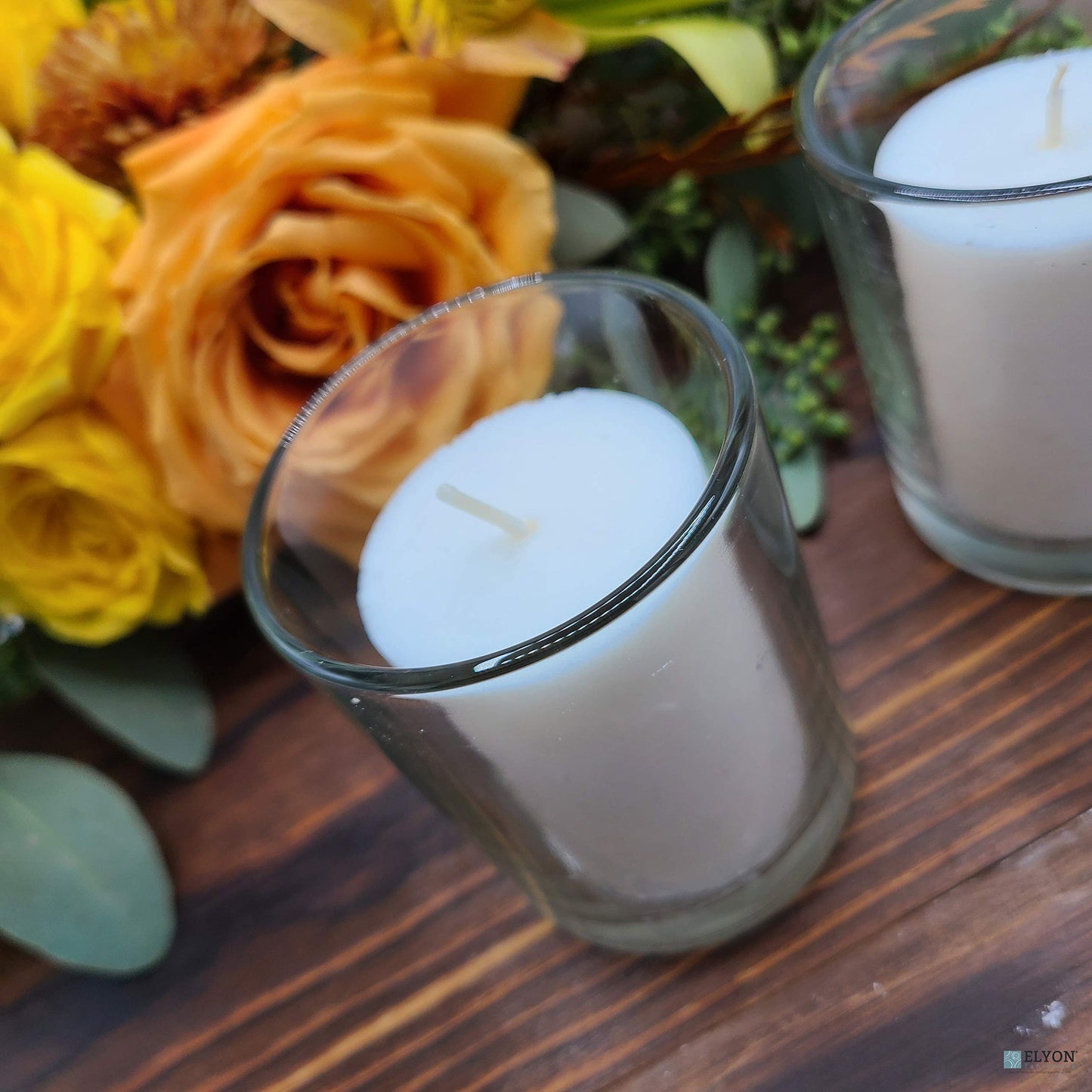 18 White Colored Unscented Wax Votive Candles in Glass Holder, 24 Hours Burn Time