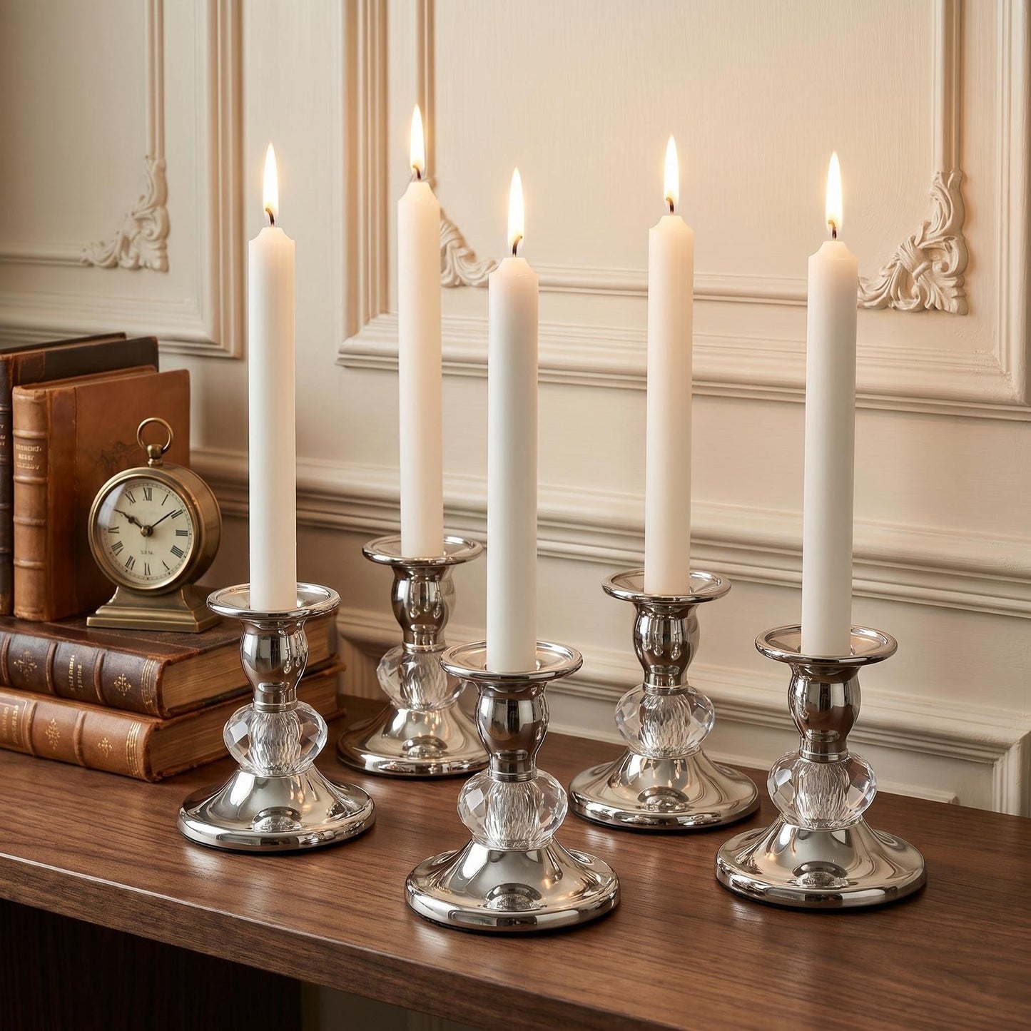 Candlestick Holders Taper Candle Holders, Candle Stick Candle Holder for Table Centerpiece, Wedding Reception, Festive Christmas Mantel Decoration or Home Decor(Silver, 6 Sets(12 Pcs))