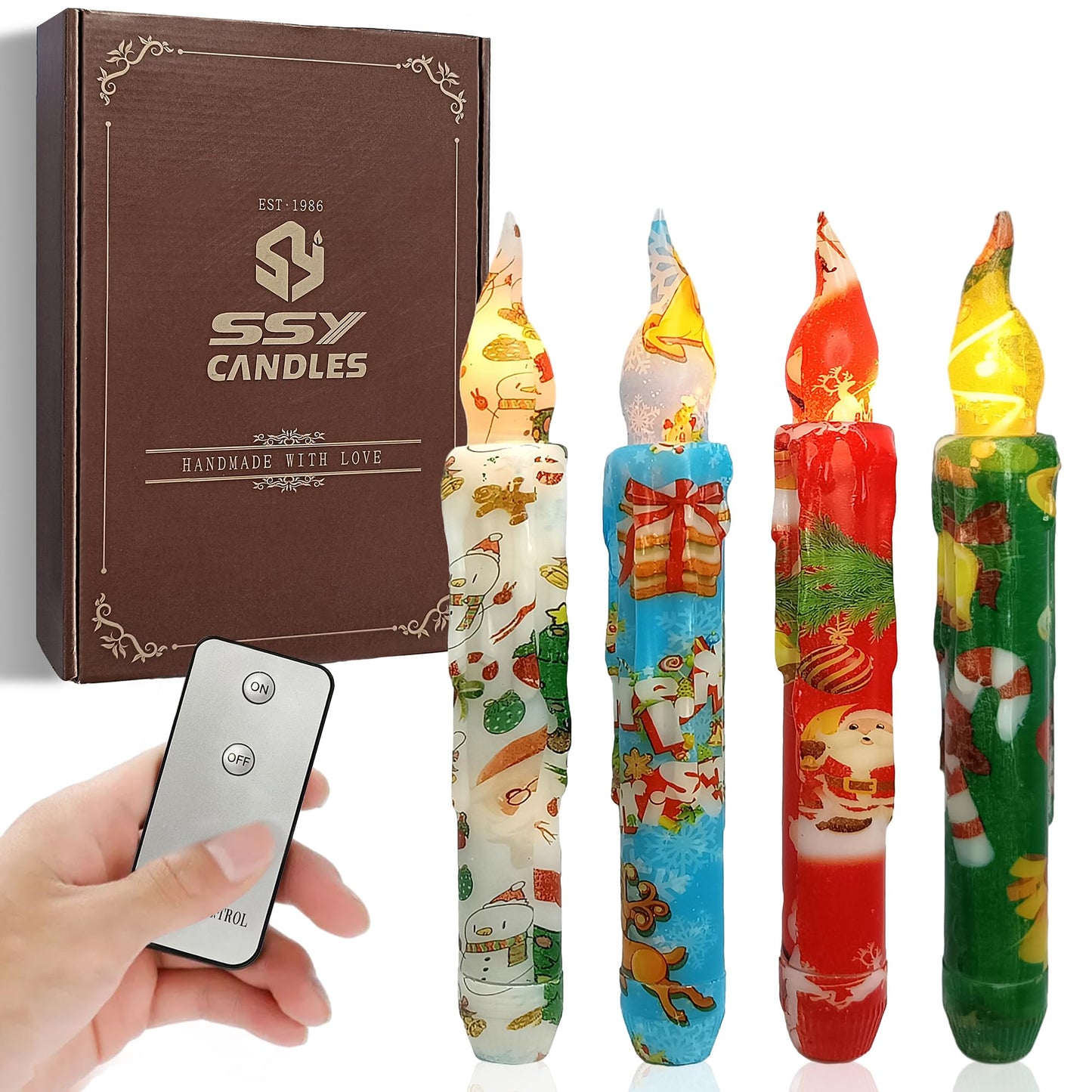 Christmas Candlesticks Flameless Taper Candle,Gedengni 4pcs Red LED Tapered Candles Remote Dipped Candle 6inch Green Battery Chandelier for Enchanting Weddings and Harry Potter Inspired Vigils(CHMAS)