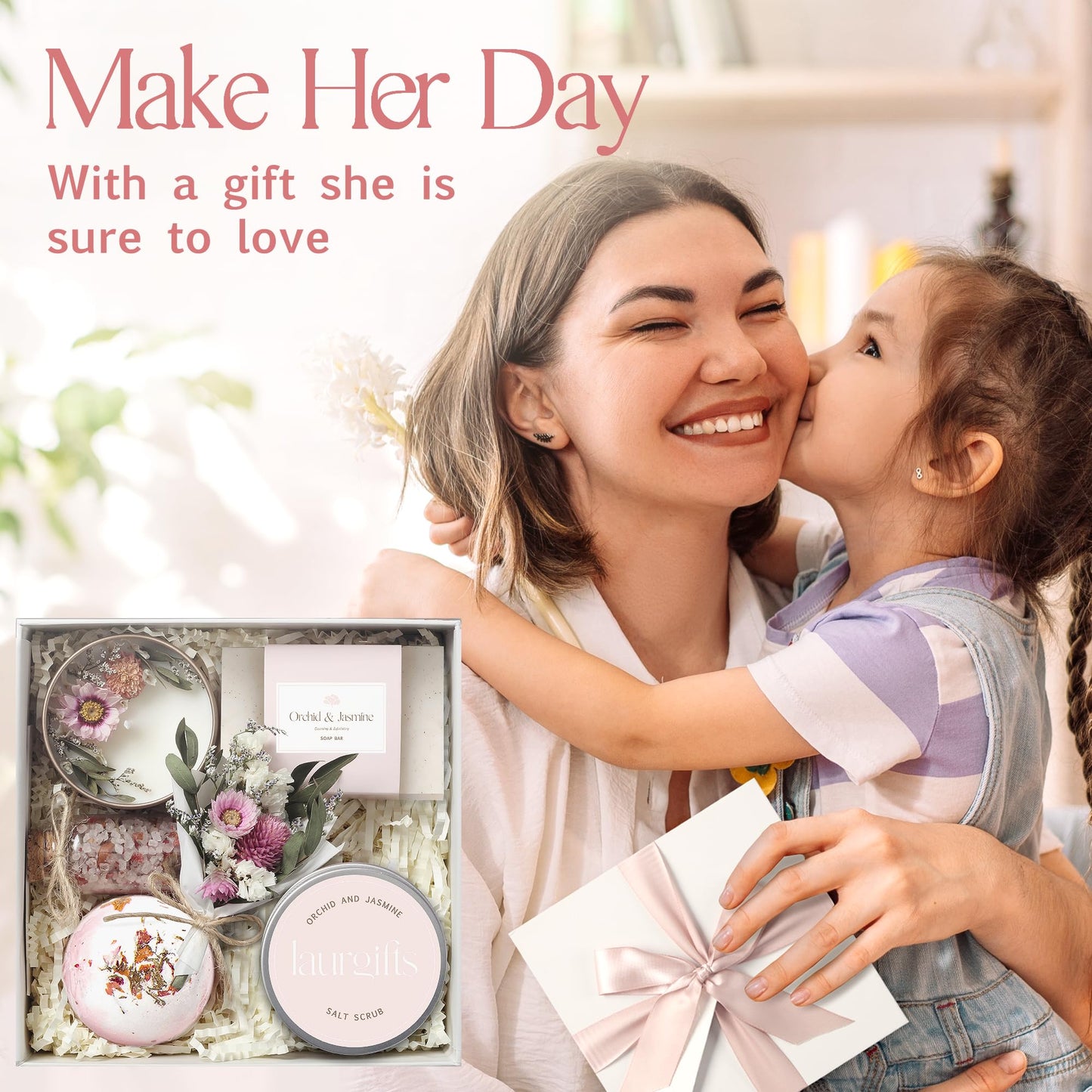 Birthday Gifts for Women – Orchid & Jasmine Spa Gift Basket, Luxury Candle Set & Bath Sets Self Care Box, Gift for Mom, Wife or Friend