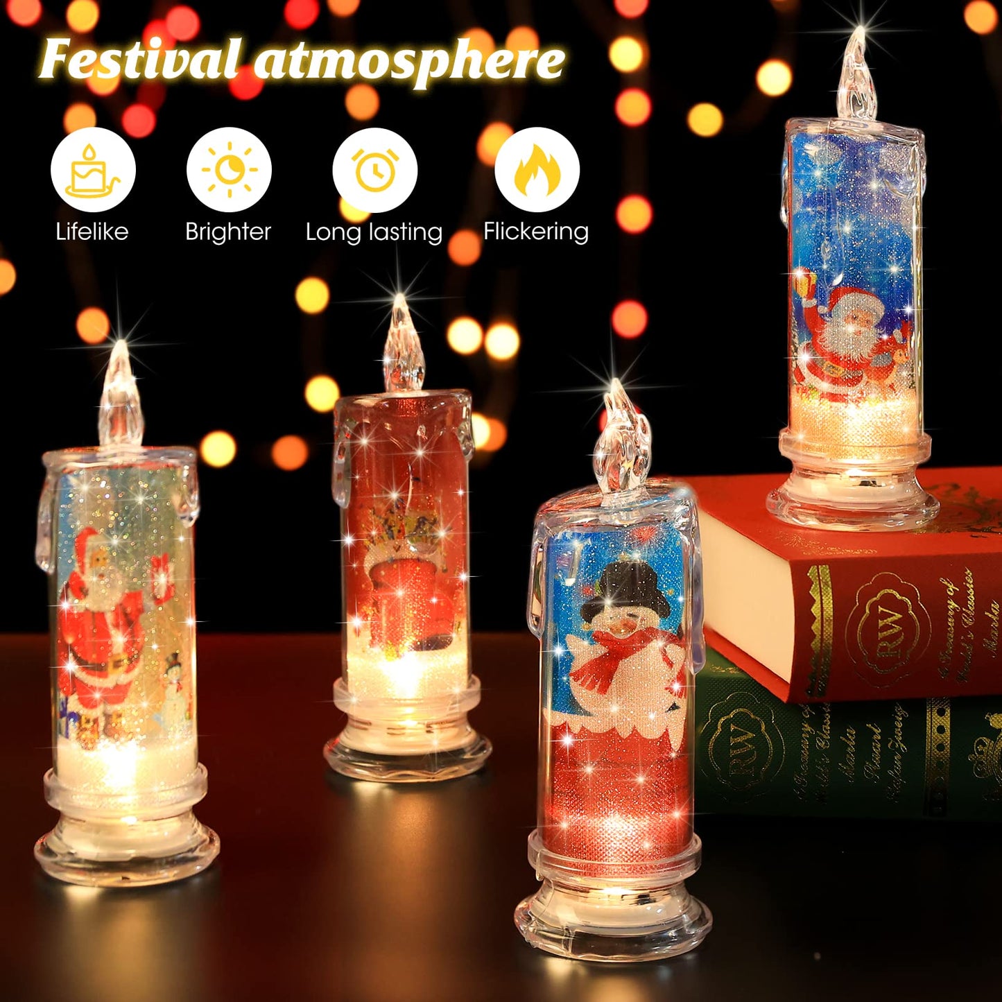 SupBri Flameless LED Candles Set of 4 with Santa Claus, Snowman Decals - Battery Operated Christmas Themed Festival Gift Decorations