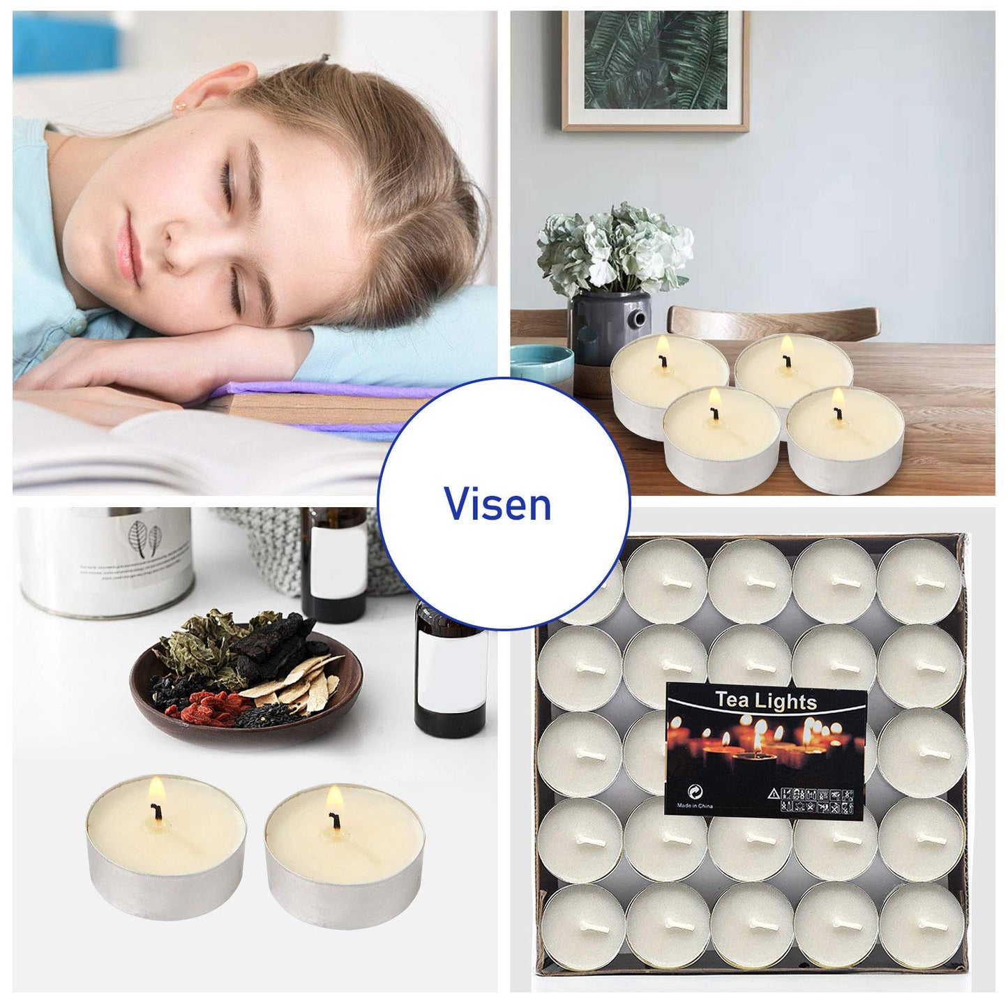Visen 50Pack Tealight Candles, White, Unscented, Smokeless, Dripless & 6Hours Burn Time Long Burning Paraffin Tea Lights Candles for Home, Romantic Decor, Pool, Shabbat, Weddings & Emergencies