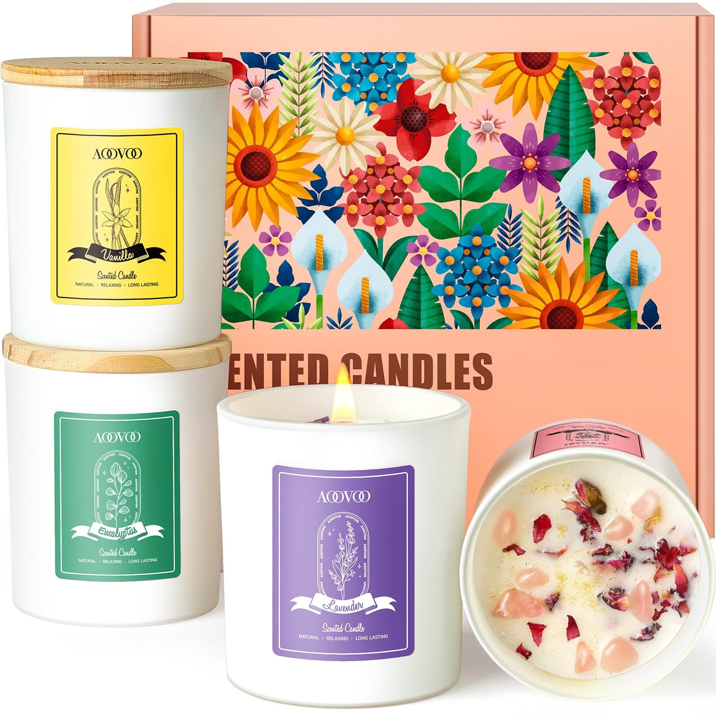 AOOVOO Rose/Vanilla/Eucalyptus/Lavender Scented Candles for Women - Aromatherapy Candle with Crystals Inside, 40oz Soy Candles for Home Scented, Birthday Gifts Mothers Day Candle for Women Mom