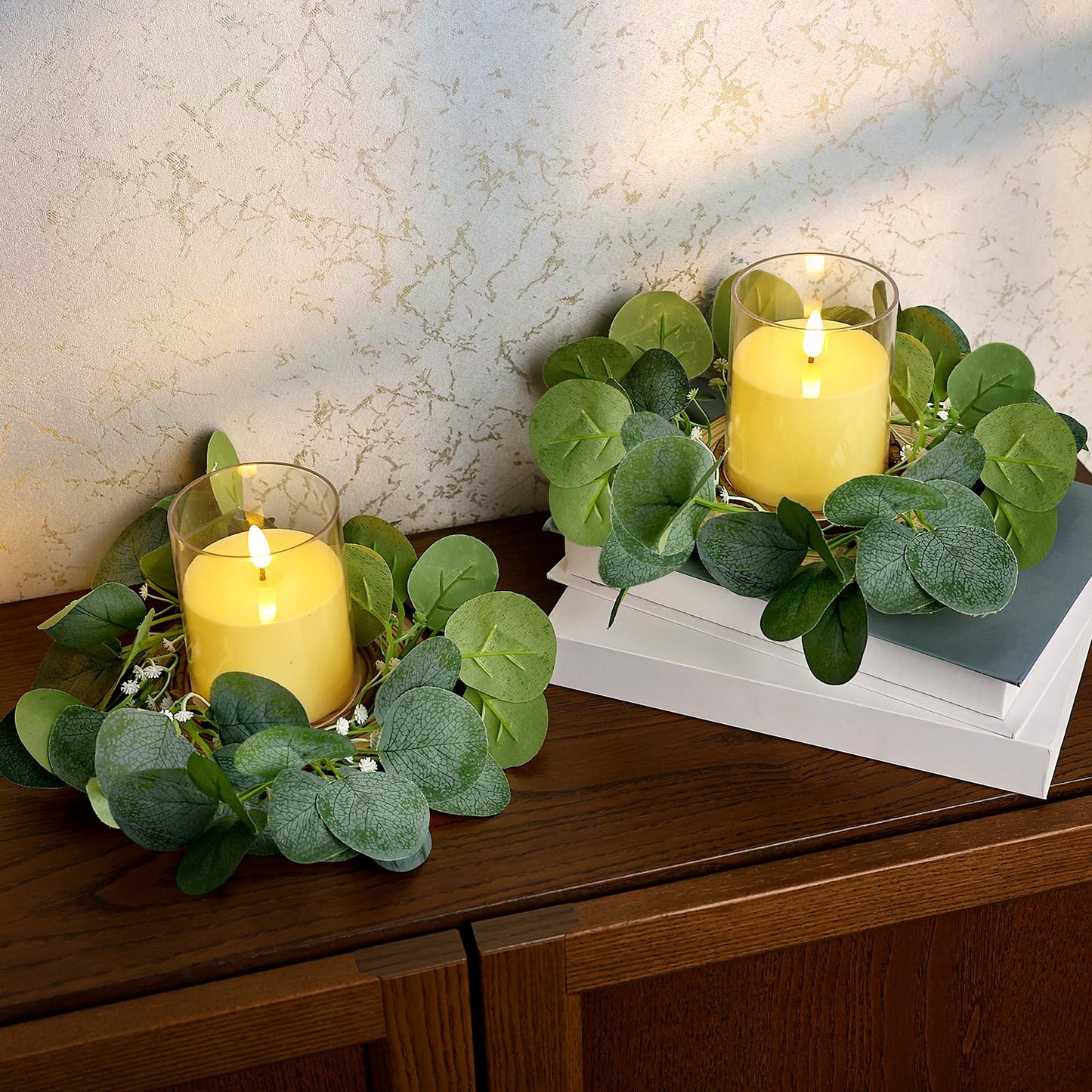 Tobilu 20 PCS Candle Rings - Artificial Eucalyptus Leaves Candle Wreaths Greenery for Pillar Fireplace Wedding Table Centerpieces Farmhouse Home Kitchen Decor