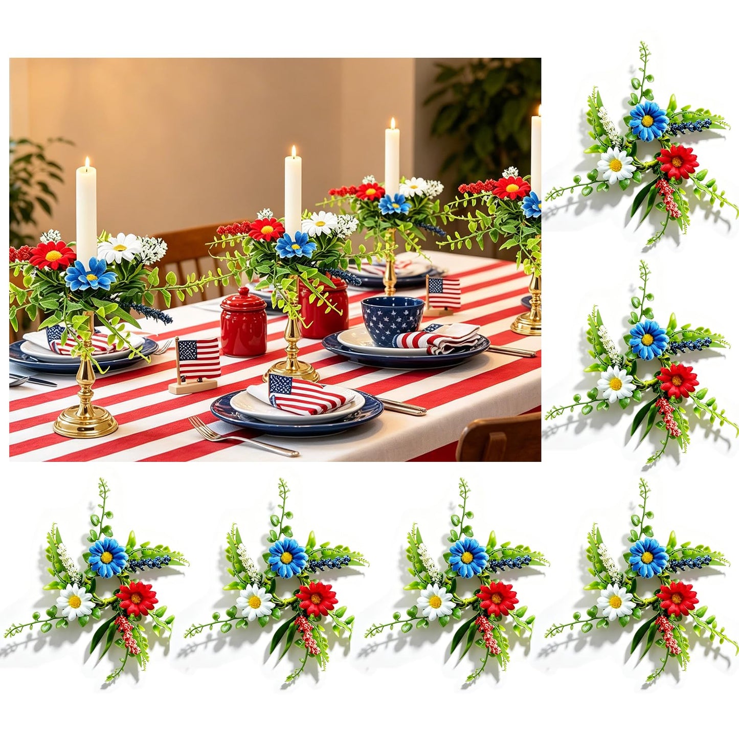 6 PCS Patriotic American Taper Candle Rings Wreaths 1.38" Mini 4th of July Floral Taper Candle Holder with Daisy Artificial Independence Day Table Centerpieces Wreath for Party Home Candlesticks Decor