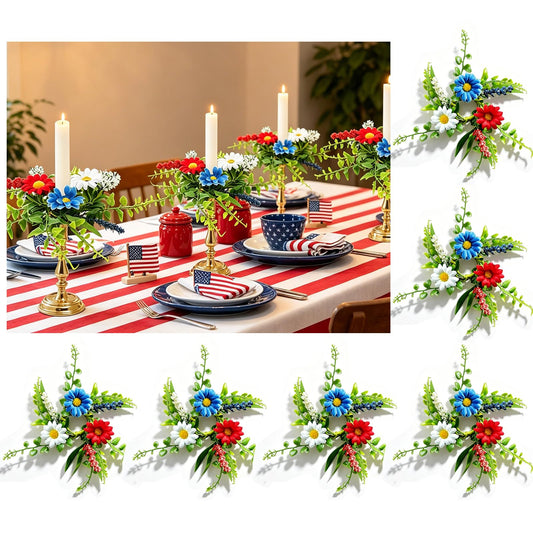 6 PCS Patriotic American Taper Candle Rings Wreaths 1.38" Mini 4th of July Floral Taper Candle Holder with Daisy Artificial Independence Day Table Centerpieces Wreath for Party Home Candlesticks Decor
