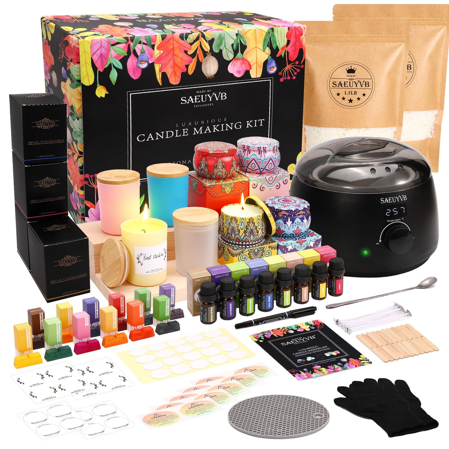 SAEUYVB Candle Making Kit,Candle Making Kit for Adult with Wax Melting Pot,DIY Starter Soy Candle Making Supplies/Kit - Perfect as Home Decorations