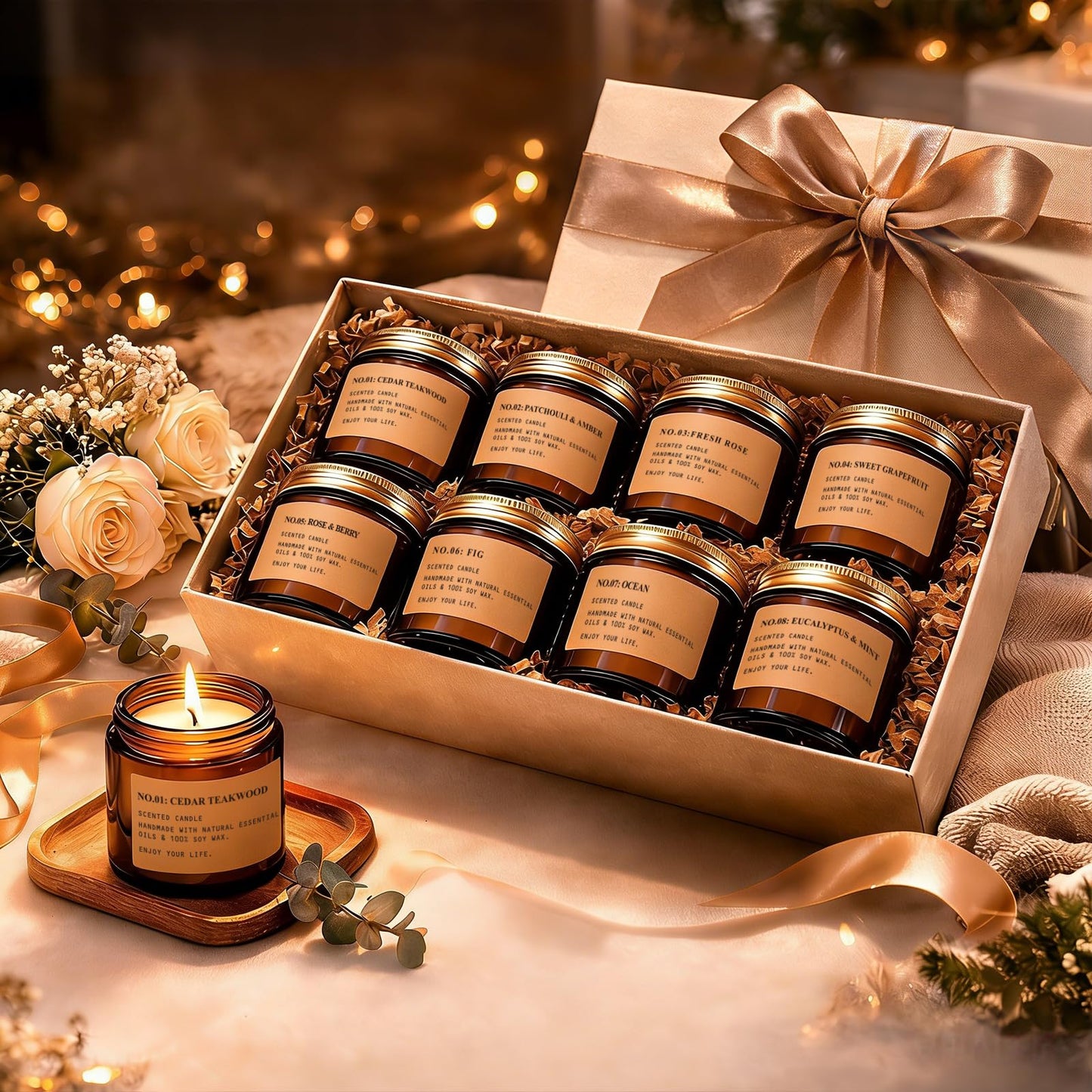Scented Candles for Home,8 Pack Soy Wax Candle Set,Scented Candles Gift Set,Aromatherapy Candles, Amber Jar Vintage Apothecary Style, 8 Scents Gift Set