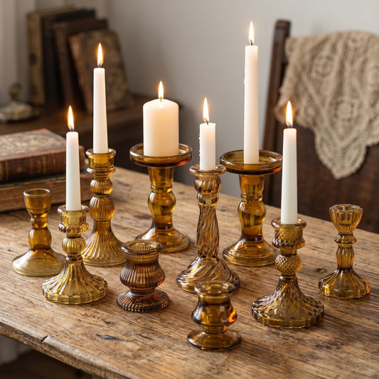 Mumufy 10 Pcs Glass Crystal Taper Candle Holders Clear Glass Candlestick Holder Fit 0.8 Inch Candles Crystal Decorative Candle Stand Centerpiece Table Wedding Dining Party (Classic,Brown)