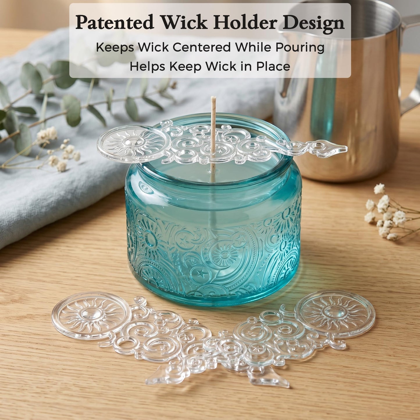 18-Pack 4oz Embossed Glass Candle Jars with Lids and Labels - Sun Moon Stars Design (Blue)