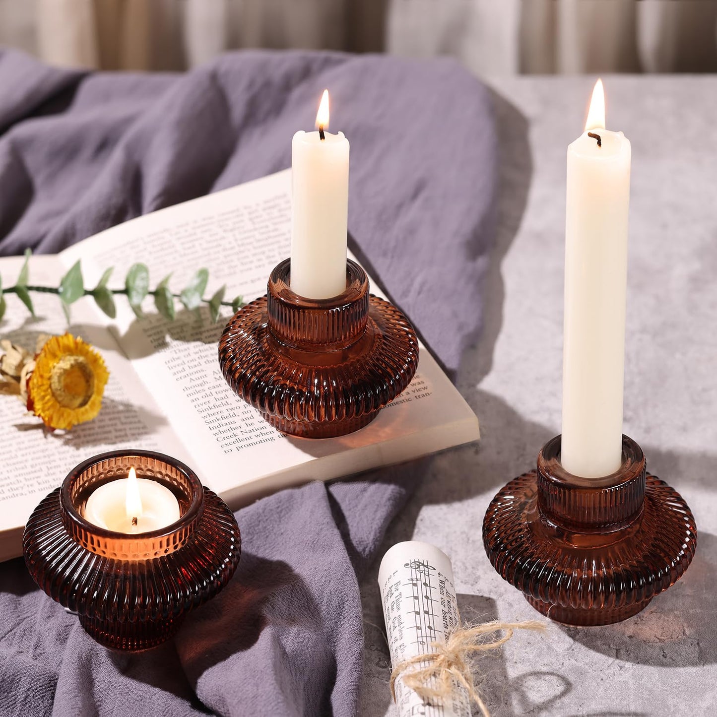 Candle Stick Candle Holder Set of 8, Taper Candle Holders for Wedding Table Centerpiece, Ribbed Glass Votive Candle Holders for Christmas, Romantic Dinner, Festival & Windowsill Decor
