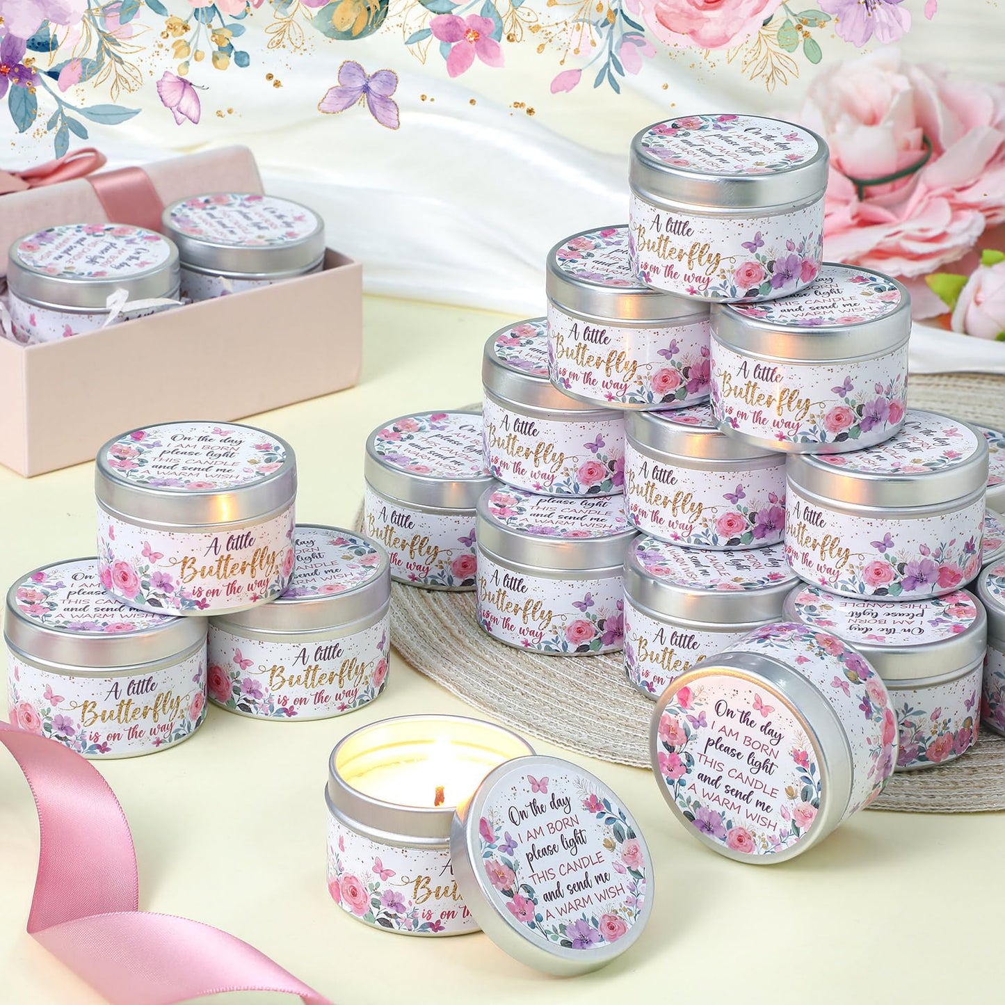 MTLEE 24 Pcs Butterfly Baby Shower Party Favors Candles Lavender Scented Baby Shower Favors for Guests Rustic Tealights Candles Gender Reveal Return Gifts (1.2 oz, Gold)