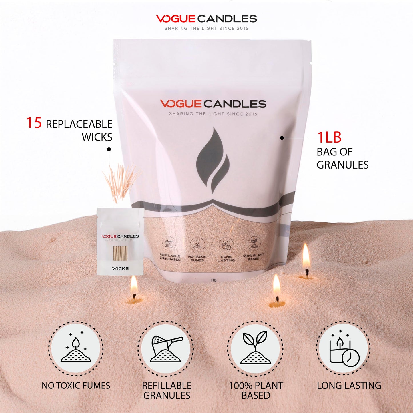Vogue Candles Nude Pearled Candle Sand Wax (1 LB) – Sand Candle Kit with 15 Cotton Wicks for DIY Home Lighting – Plant-Based & Reusable Wax Granules Refill for Custom Vessels, Décor and Dad Gifts