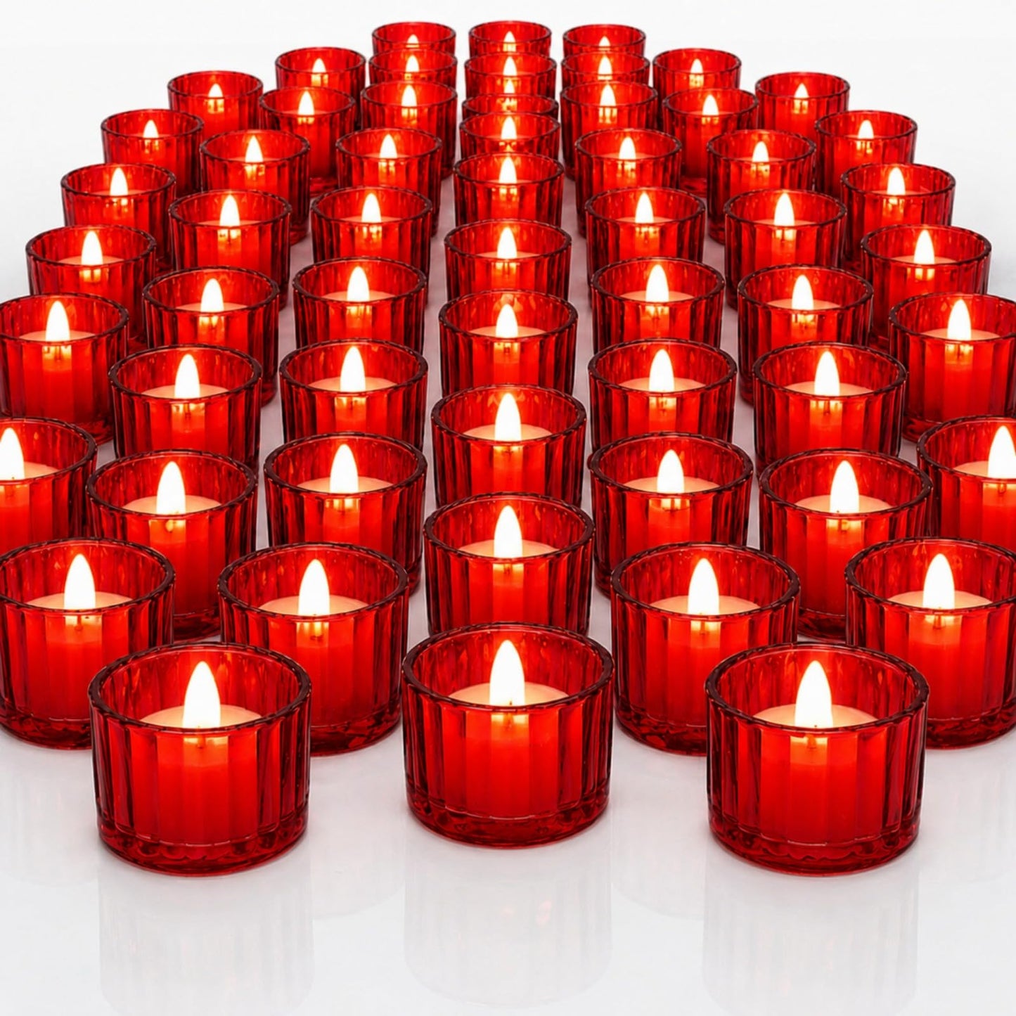 Mumufy 100 Pcs Glass Tealight Candle Holder Ribbed Votive Candle Holder for Centerpiece Wedding Proposal Spa Aromatherapy Meditation Home Decor (Red)