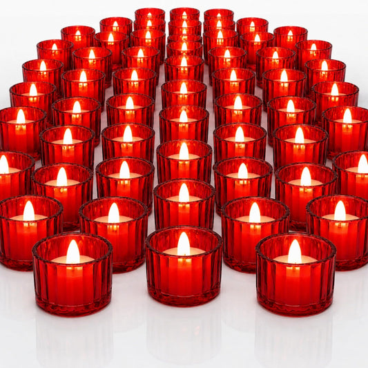 Mumufy 100 Pcs Glass Tealight Candle Holder Ribbed Votive Candle Holder for Centerpiece Wedding Proposal Spa Aromatherapy Meditation Home Decor (Red)