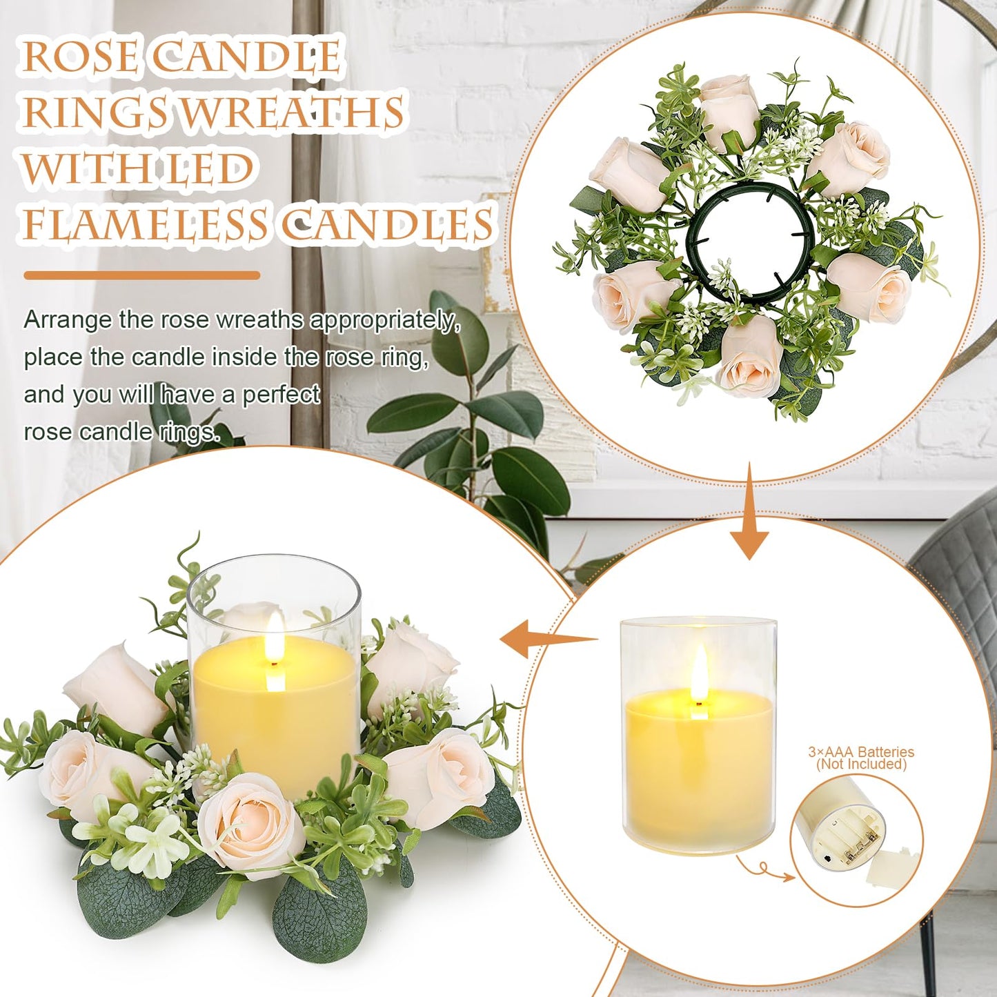 Tobilu 12 PCS Candle Rings with LED Flameless Candles, 3 Inch Artificial Rose Wreaths Eucalyptus Leaves for Table Centerpieces Home Wedding Party Decor, Champagne, 6 Sets