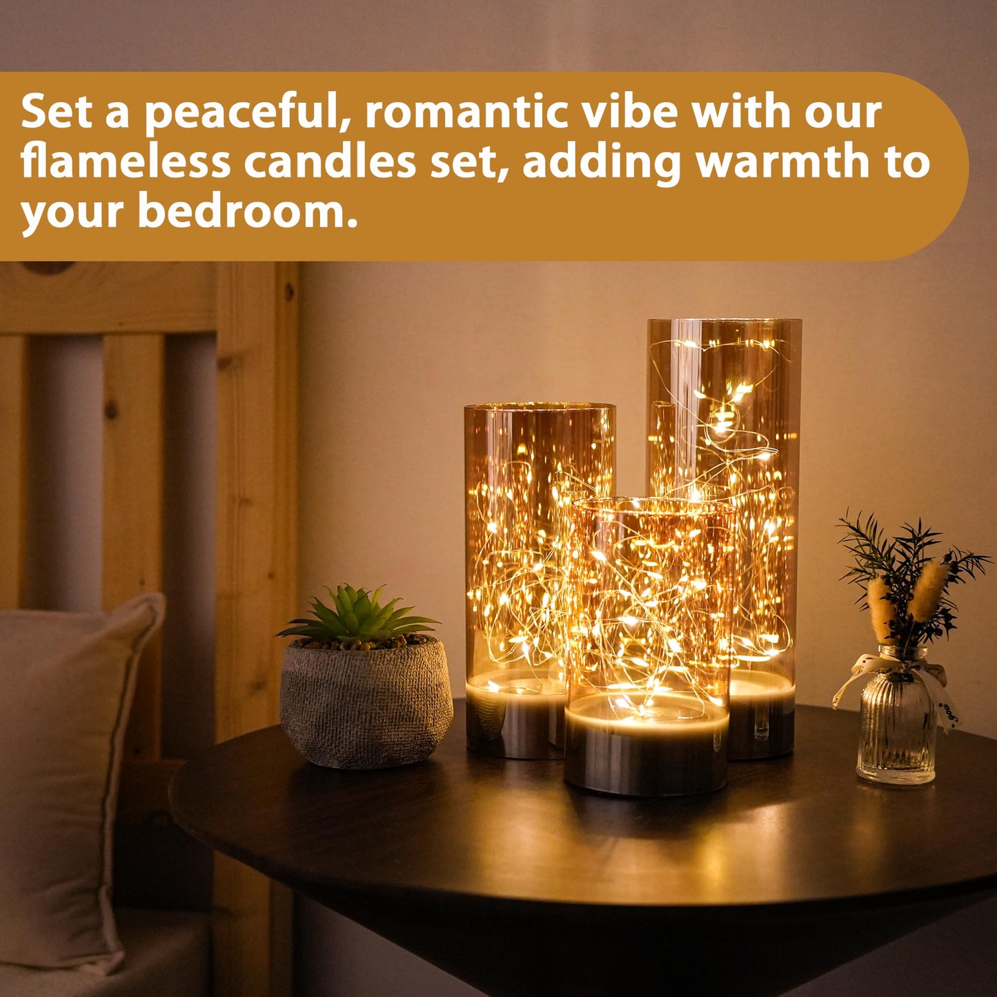 JHY DESIGN Set of 3 Glass Wax Flameless Candles Flickering Candles 6/8/10" H Glass Decorative Lights with Fairy String Lights Battery Powered for Home Party Wedding Indoor Outdoor (Champagne Plated)