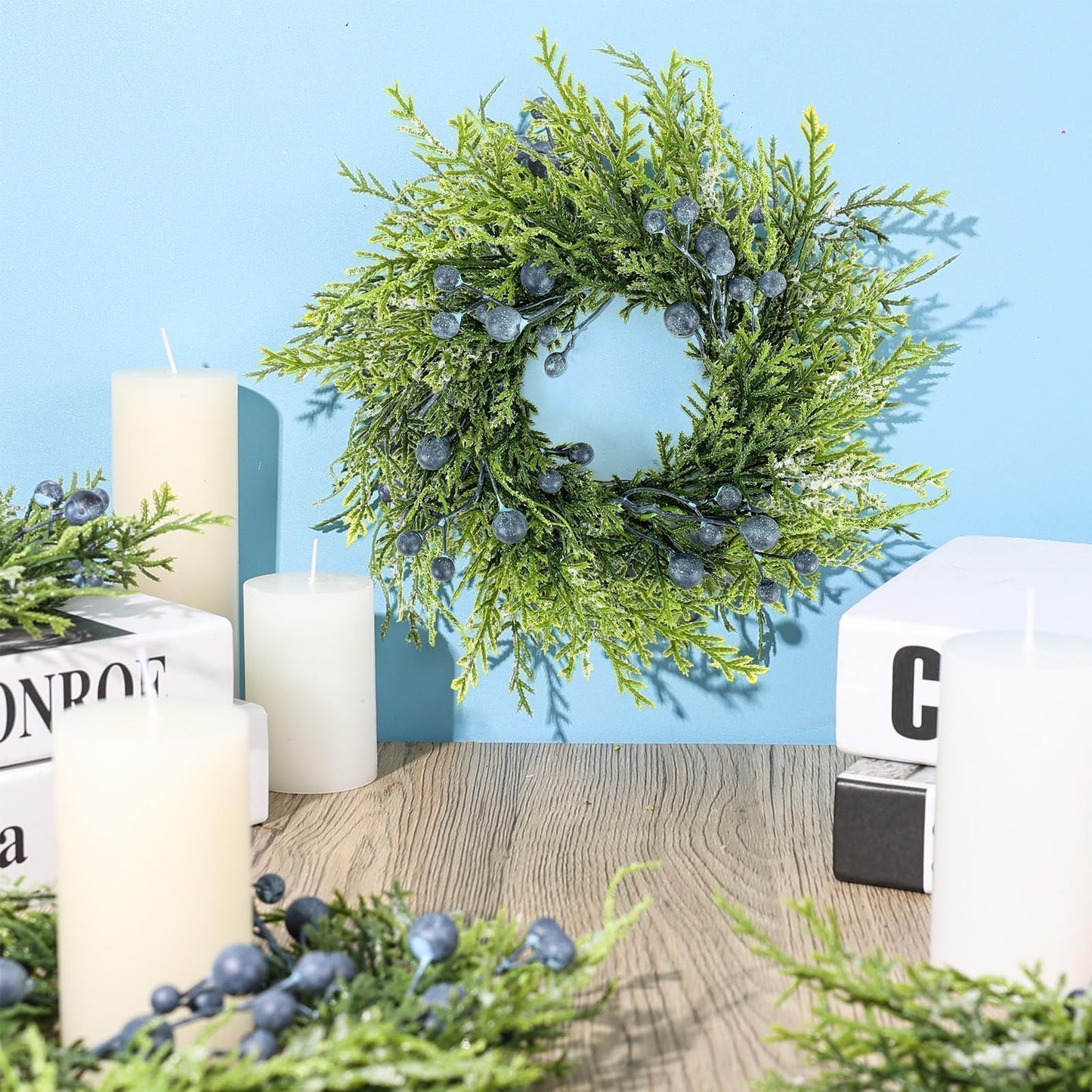 4 Pcs 3” Blueberry Candle Rings Spring Wreaths Mini Berries Table Centerpieces Wreaths Farmhouse Green Small Wreath for Pillars Kitchen Cabinet Front Door Porch Wall Decoration