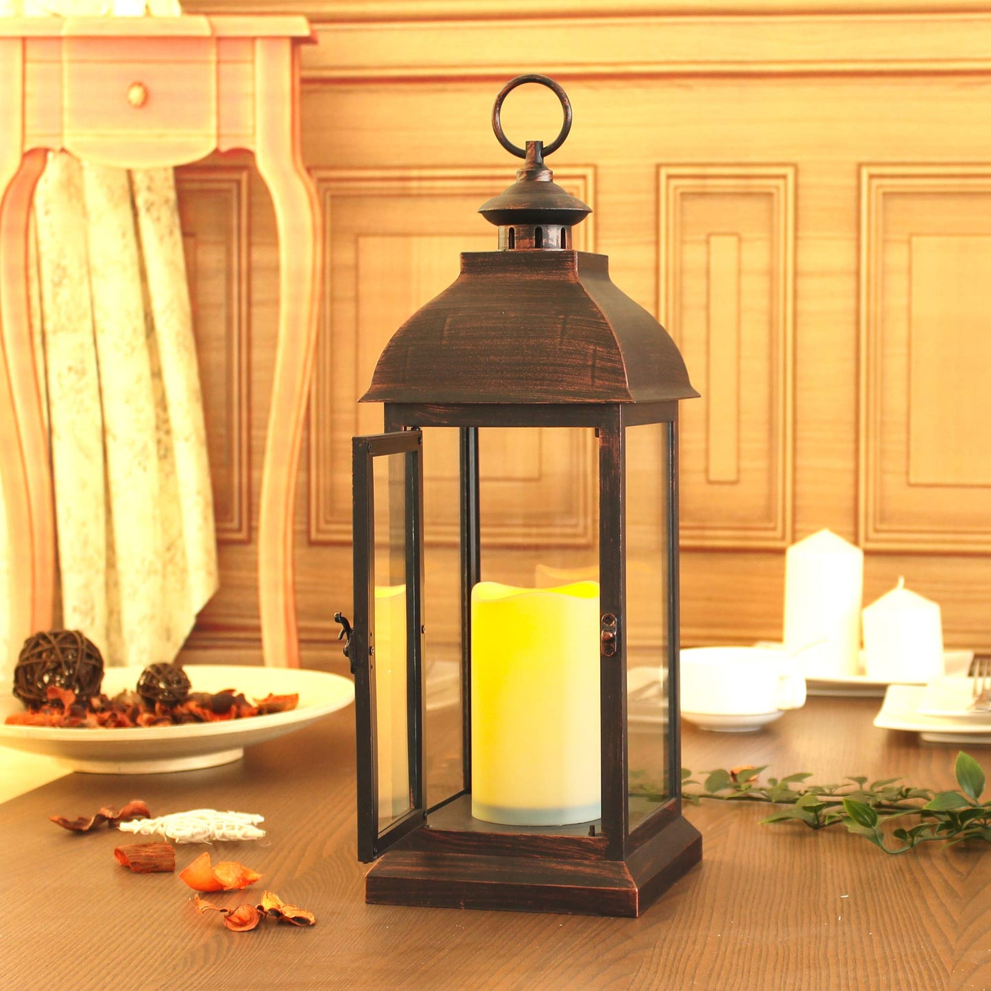 WRalwaysLX 15 inch H The Door-Open Decorative Lantern with flameless LED Candle Light, Outdoor/Indoor LED Lantern, wtith Timer Candle，Plastic with Bronze Undertones.USE 2C Battery(not Include)