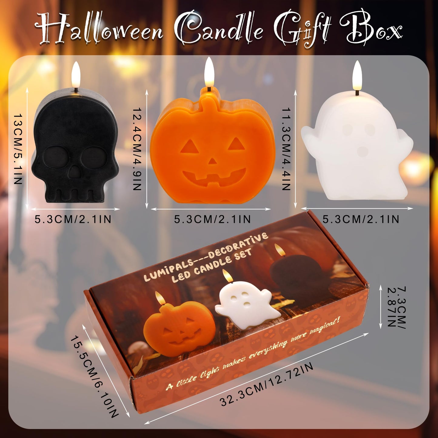 JOIONE Halloween Flameless Candles with Remote, 3D Flickering Flame Real Wax LED Battery Operated Candles, Cute Pumpkin & Ghost & Skull Halloween Candle for Party and Home Decorations, Set of 3