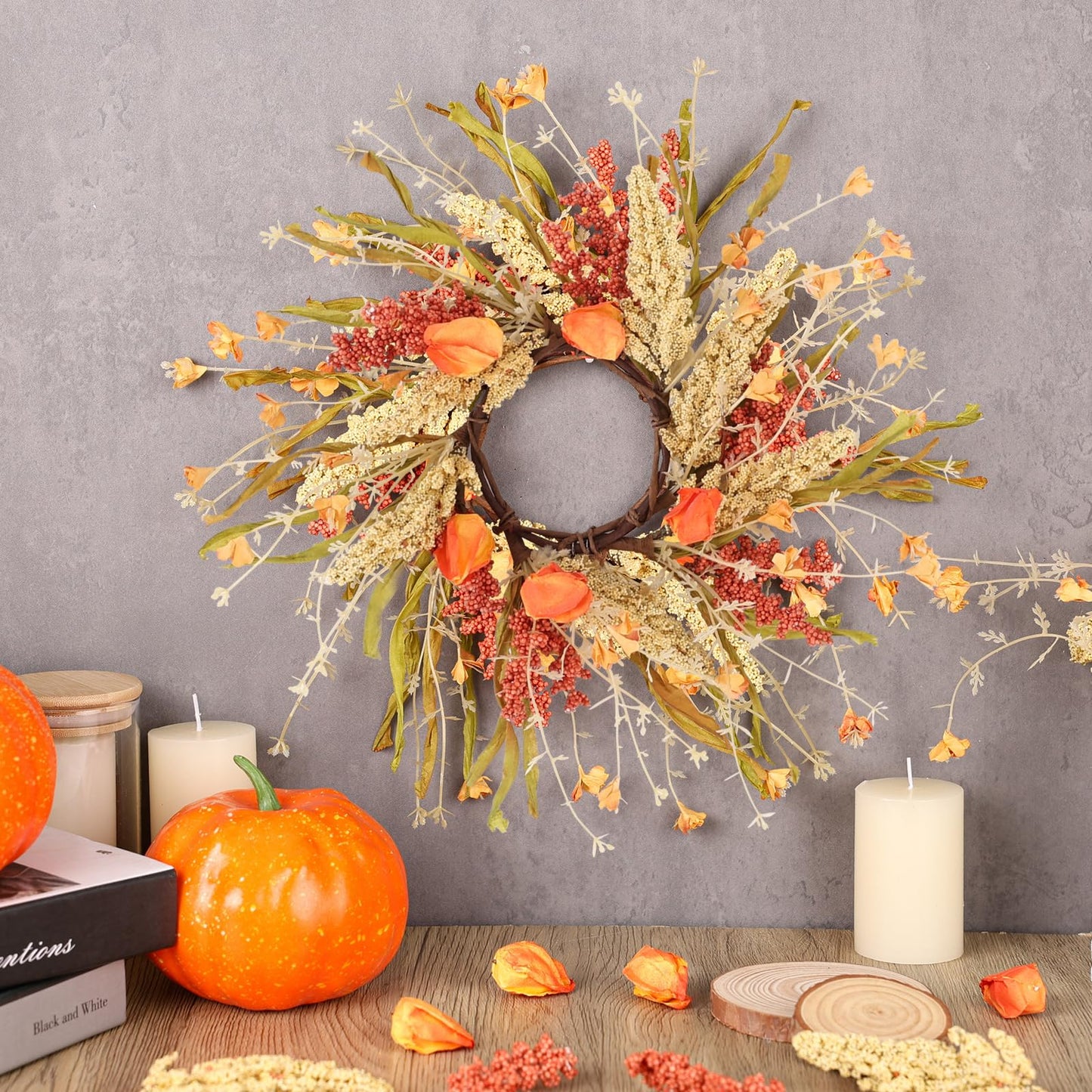 8 Pcs Fall Candle Rings 9 inch Thanksgiving Autumn Wreaths with Flowers for Tables Artificial Farmhouse Candle Rings Wreath for Front Door Porch Wall Window Decorations