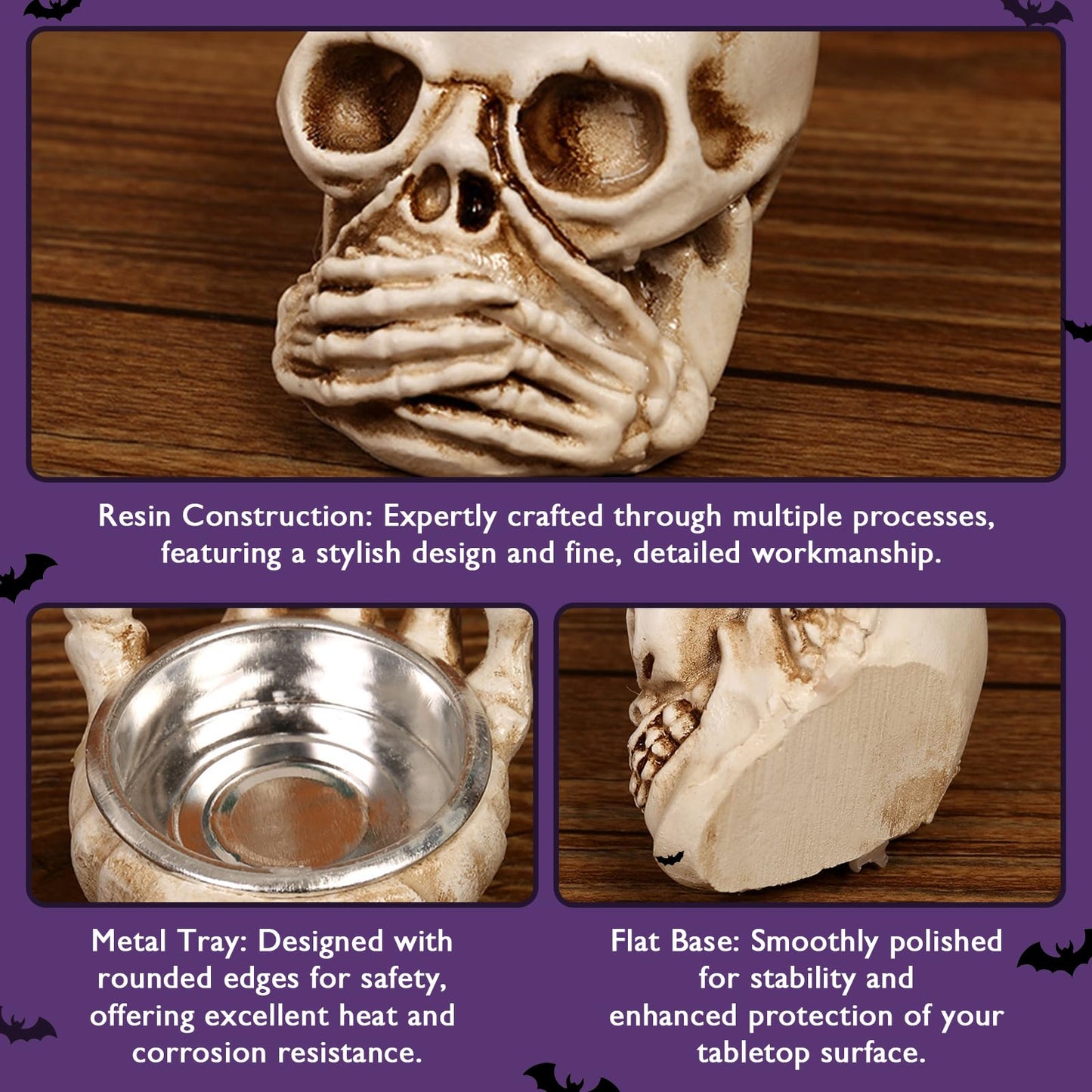 Helloween Skull Candle Holder Set of 3 Skeleton Head Candlestick Holders,Resin Skull Decor for Home Tabletop Spooky Theme Party Decor Supplies