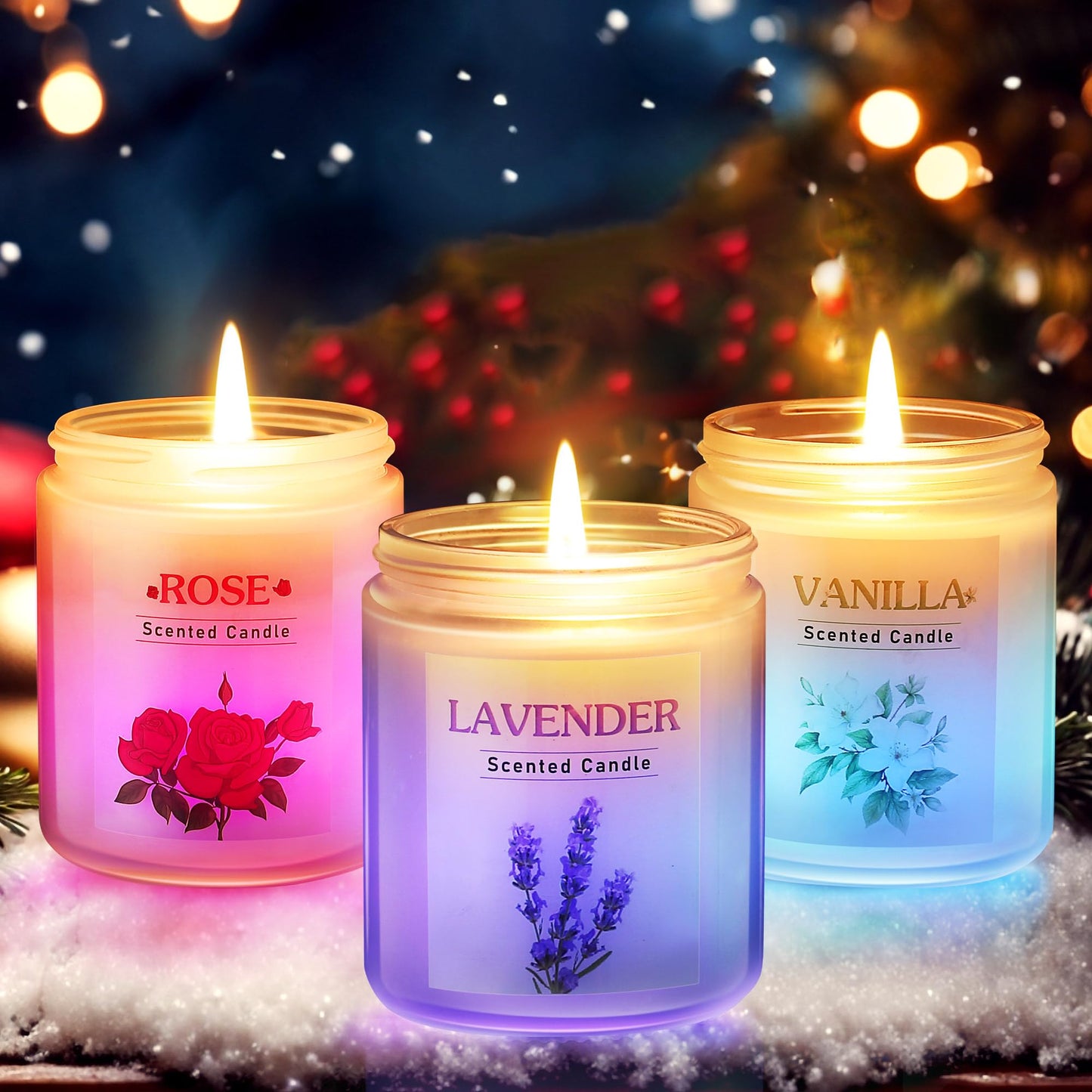 ElectricWise 3 Pack Glowing Scented Candles with Sensor Light, 21 Oz Aromatherapy Gifts for Women, Rose Vanilla Lavender Long Lasting Fragrance, Natural Soy Candle for Home Scented